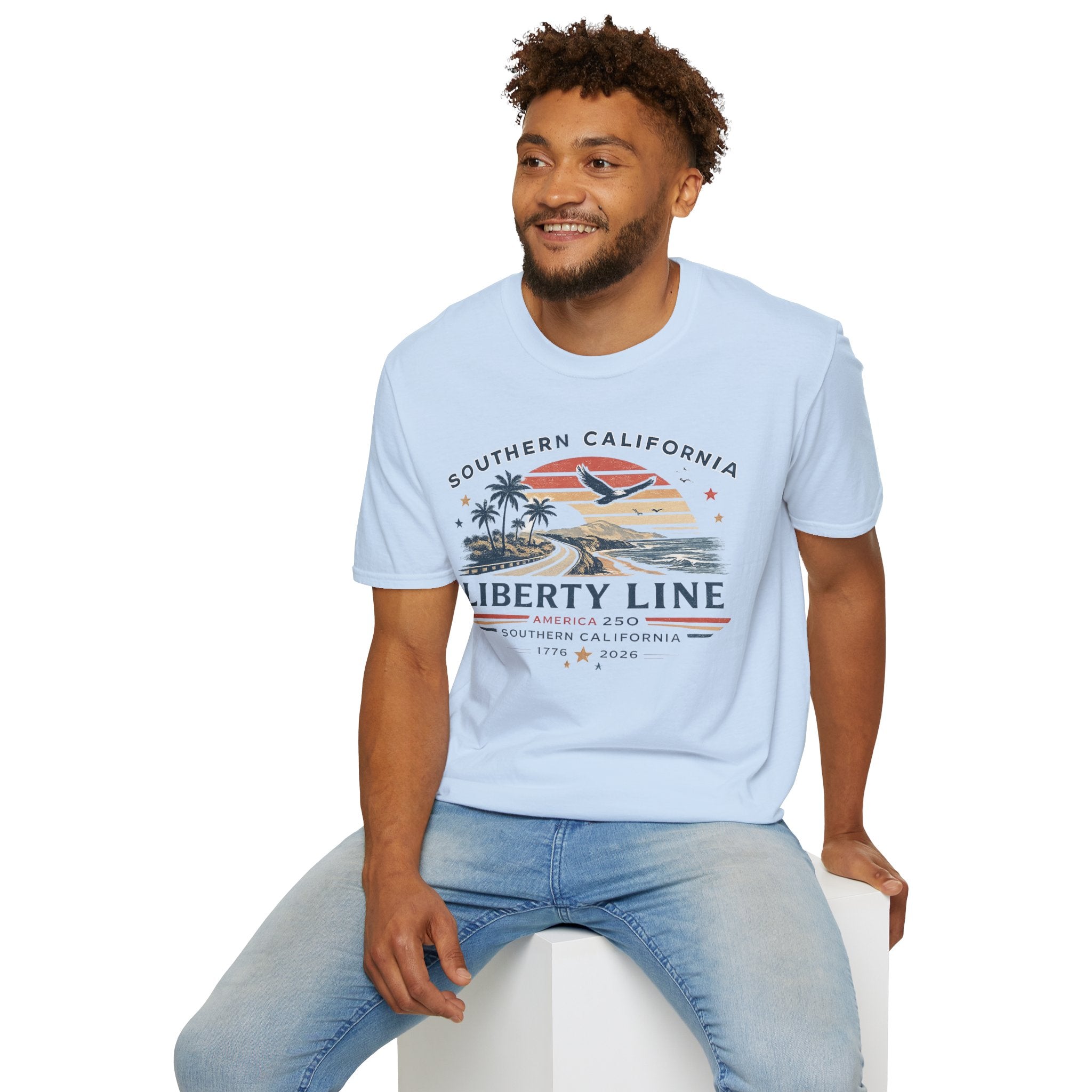 America 250 Southern California Liberty Line T-Shirt — Retro Beach Sunset Graphic