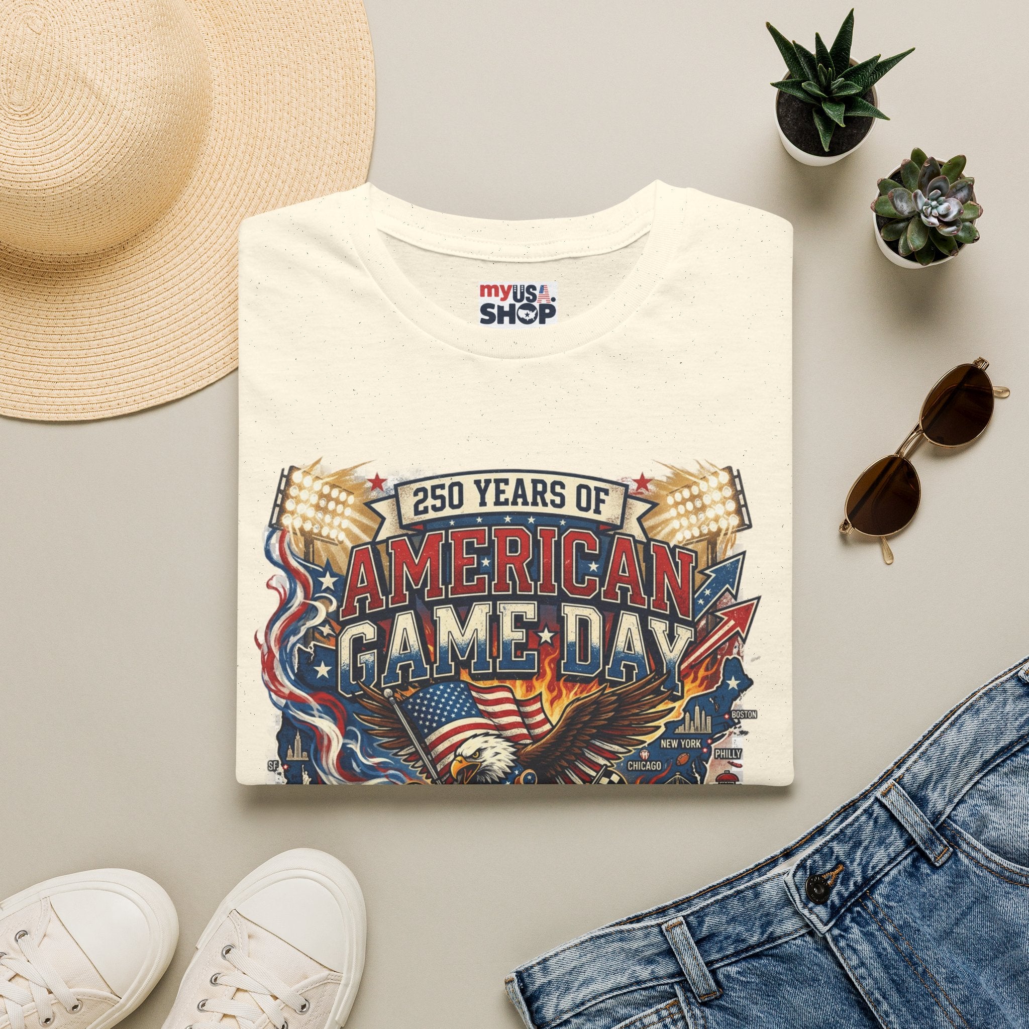 American Game Day T-Shirt — 250 Years USA Football & Baseball Celebration Pop Culture