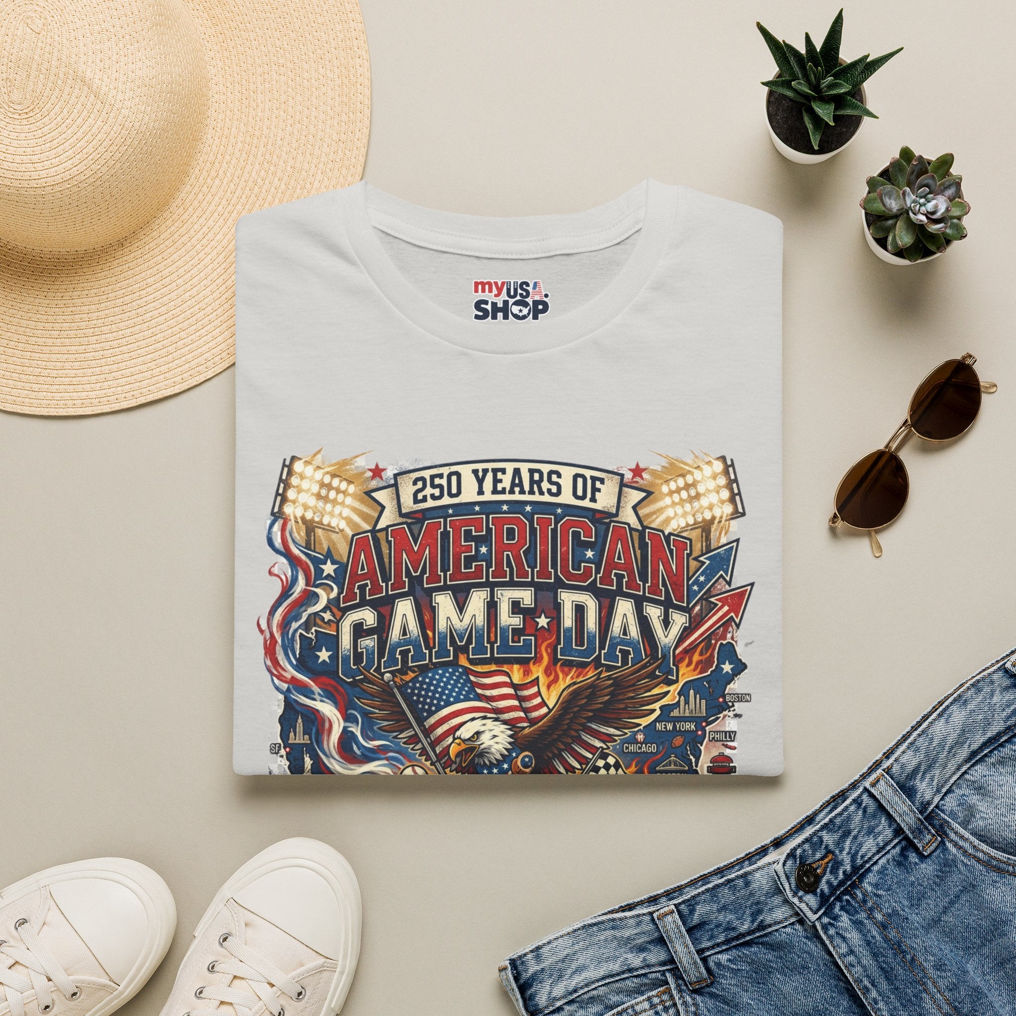 American Game Day T-Shirt — 250 Years USA Football & Baseball Celebration Pop Culture