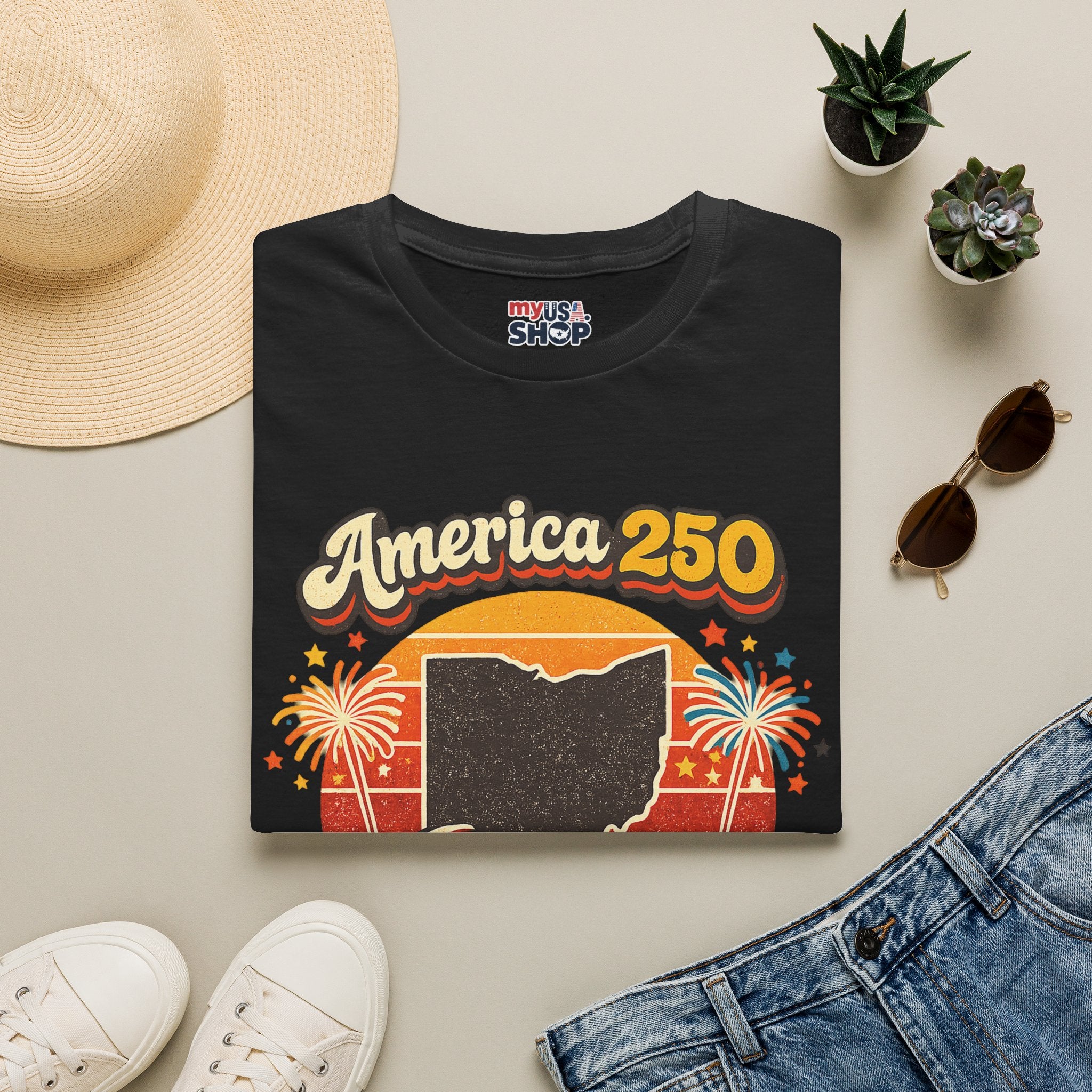 America 250 Ohio T‑Shirt — Retro Fireworks Bicentennial Celebration Tee