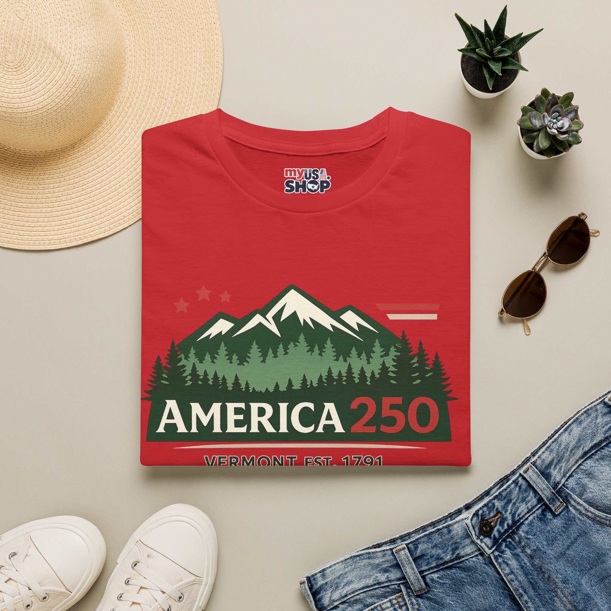 America 250 – Vermont Est. 1791 Mountain Star Vintage Tee Design