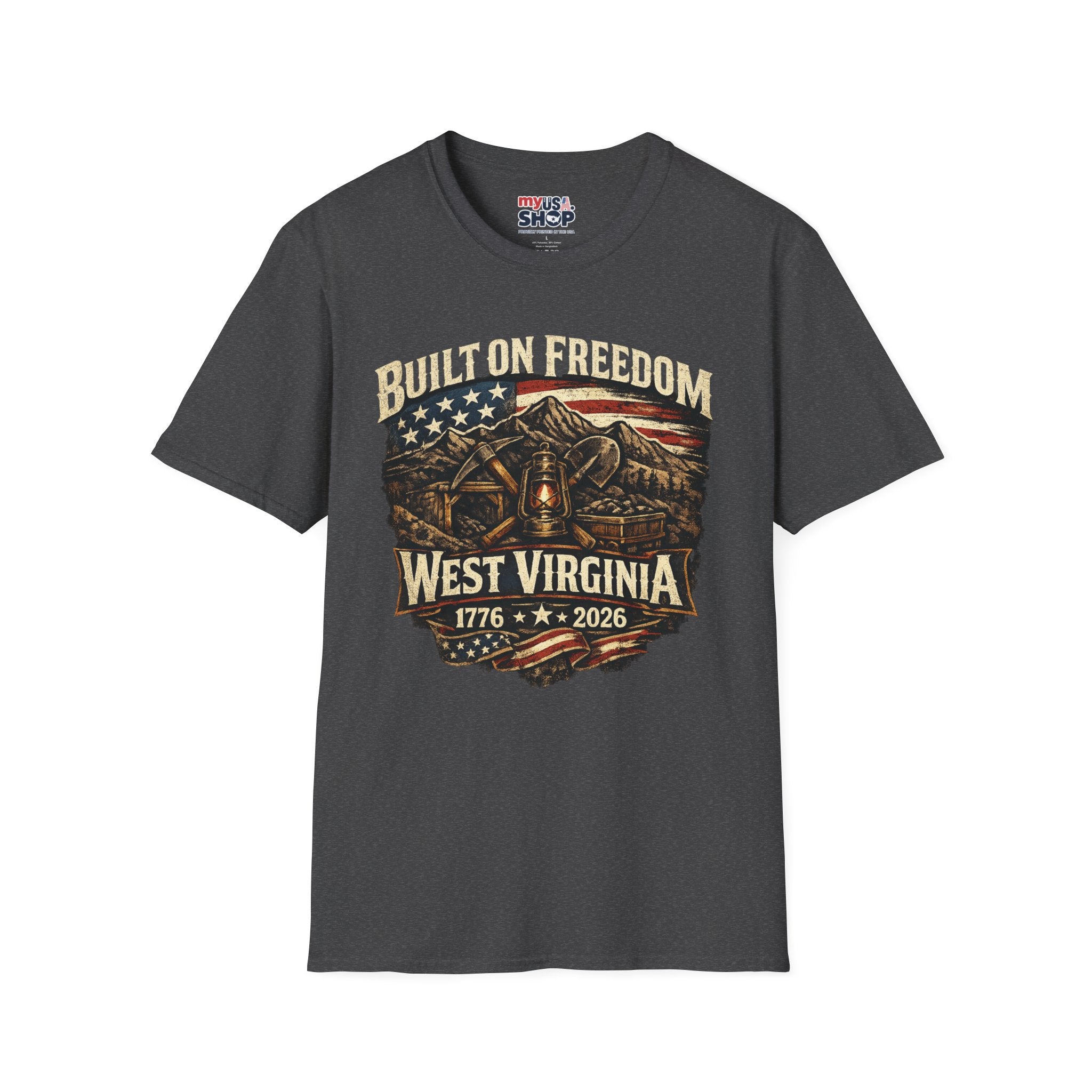 America 250 T-Shirt — Built on Freedom West Virginia Vintage Flag Mountain