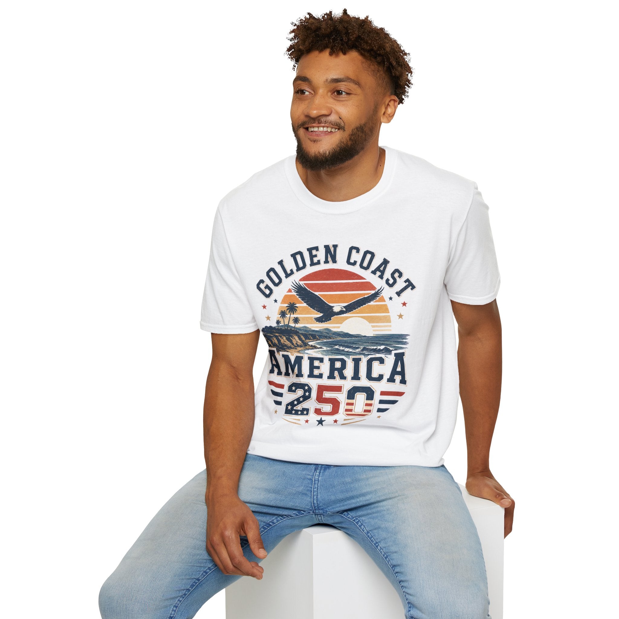 Golden Coast T-Shirt — Retro Sunset Eagle America 250 Beach Tee