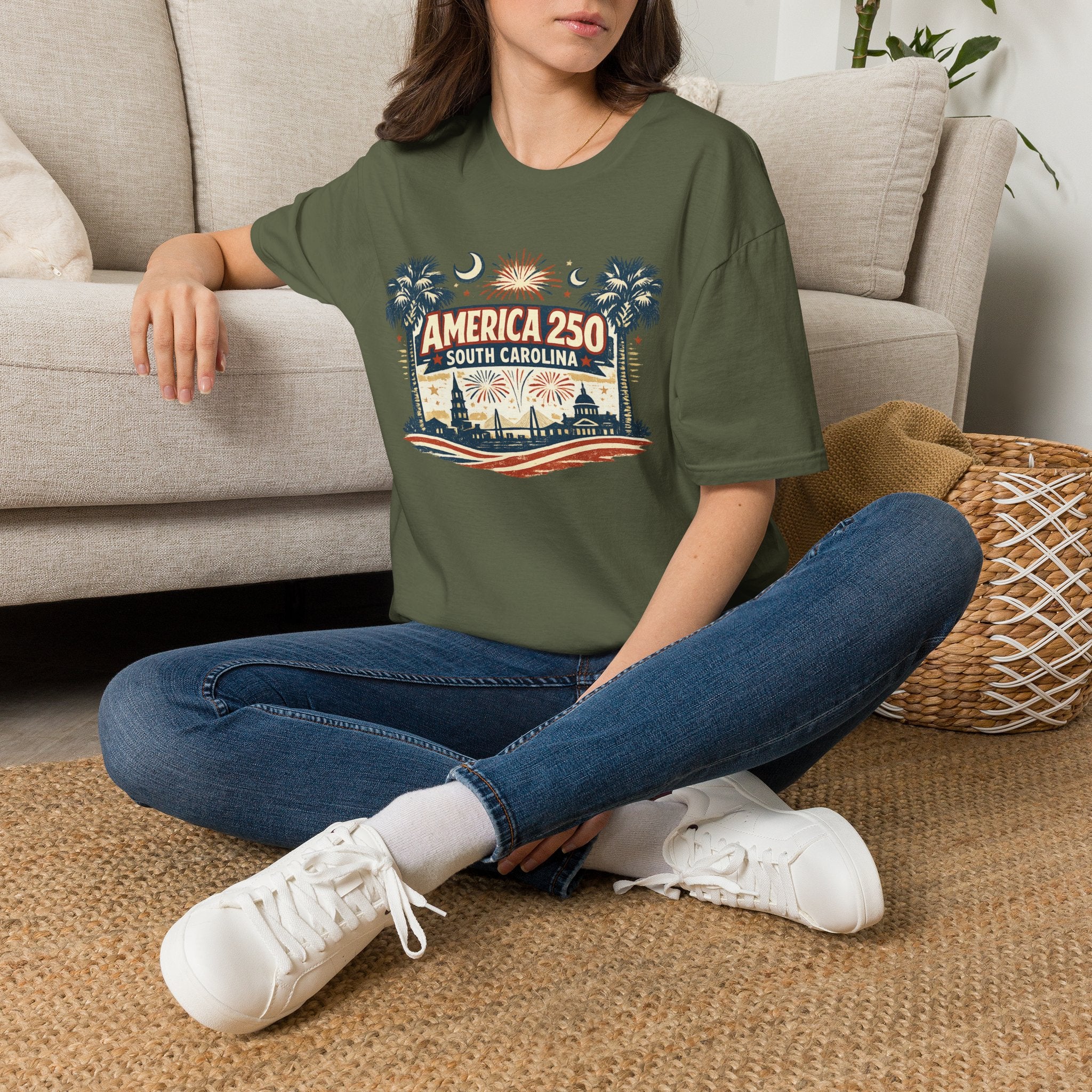 America 250 South Carolina T‑Shirt — Patriotic 250th Anniversary Tee with Palms & Fireworks