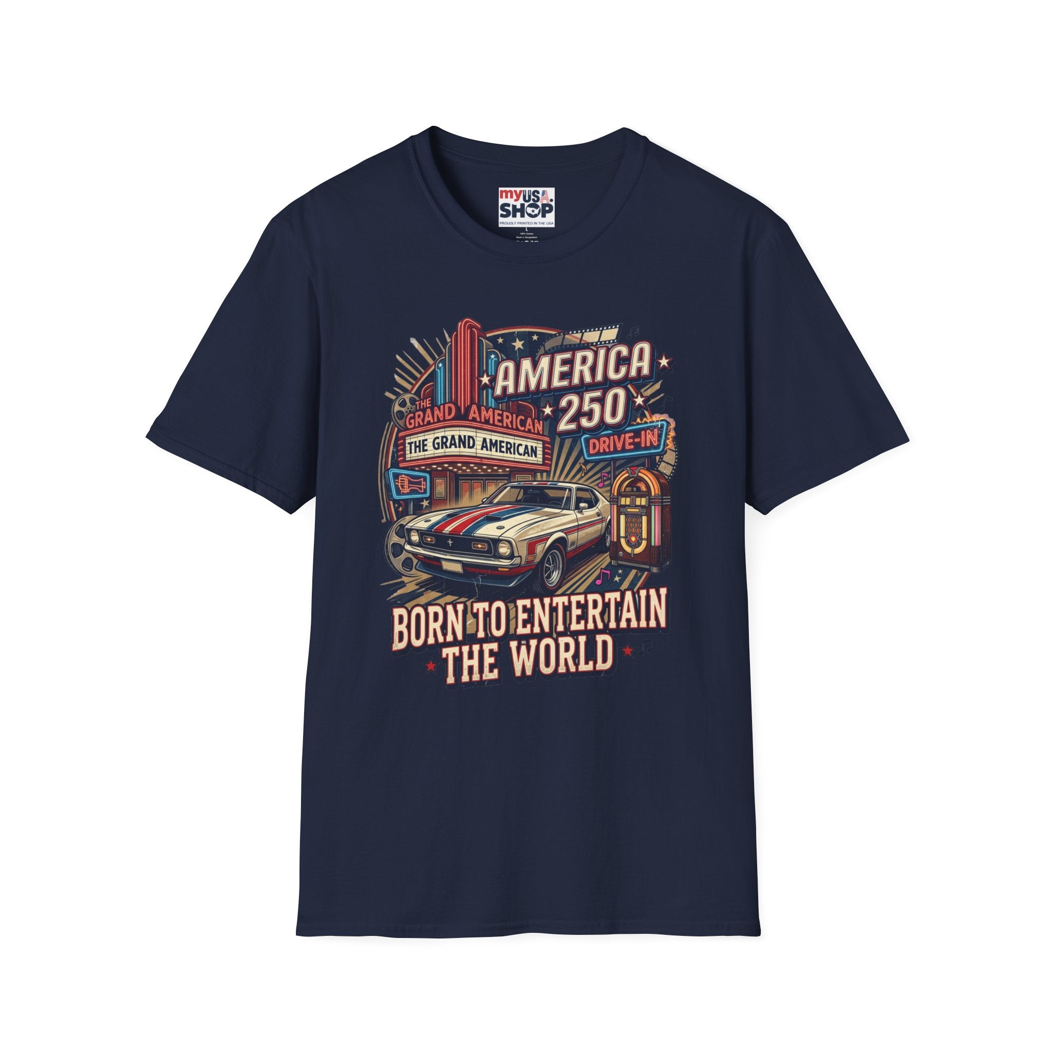 America 250 Vintage Drive-In Car T-Shirt — "Born to Entertain the World" Pop Culture