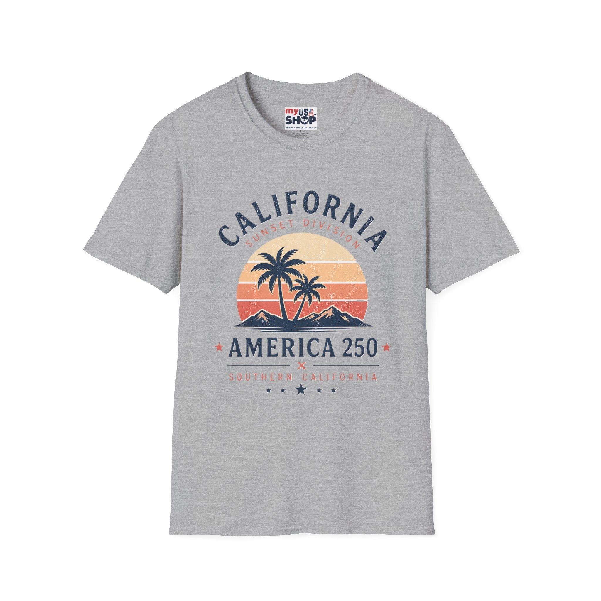 America 250 California Sunset T-Shirt — Palm Tree Retro Beach Tee