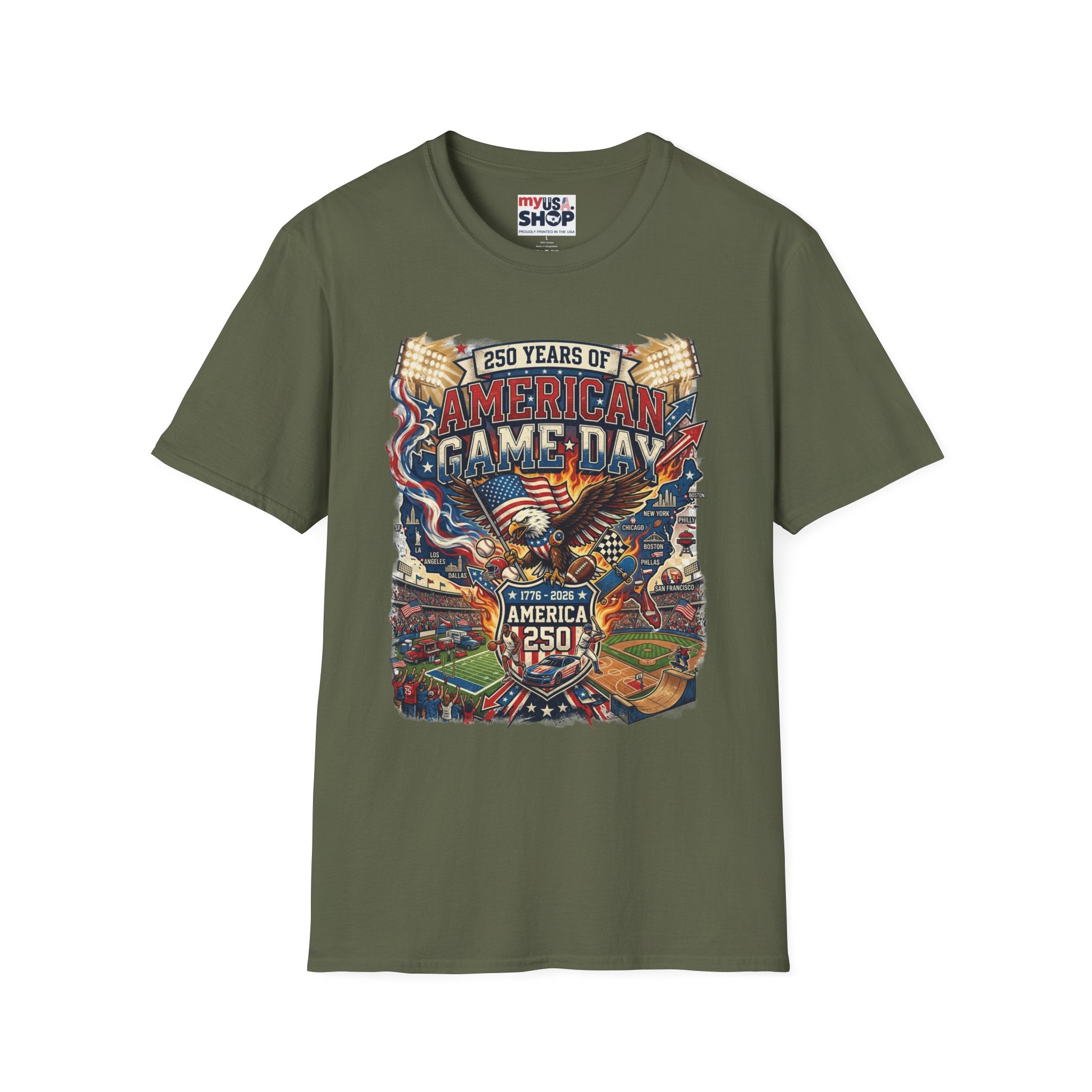 American Game Day T-Shirt — 250 Years USA Football & Baseball Celebration Pop Culture