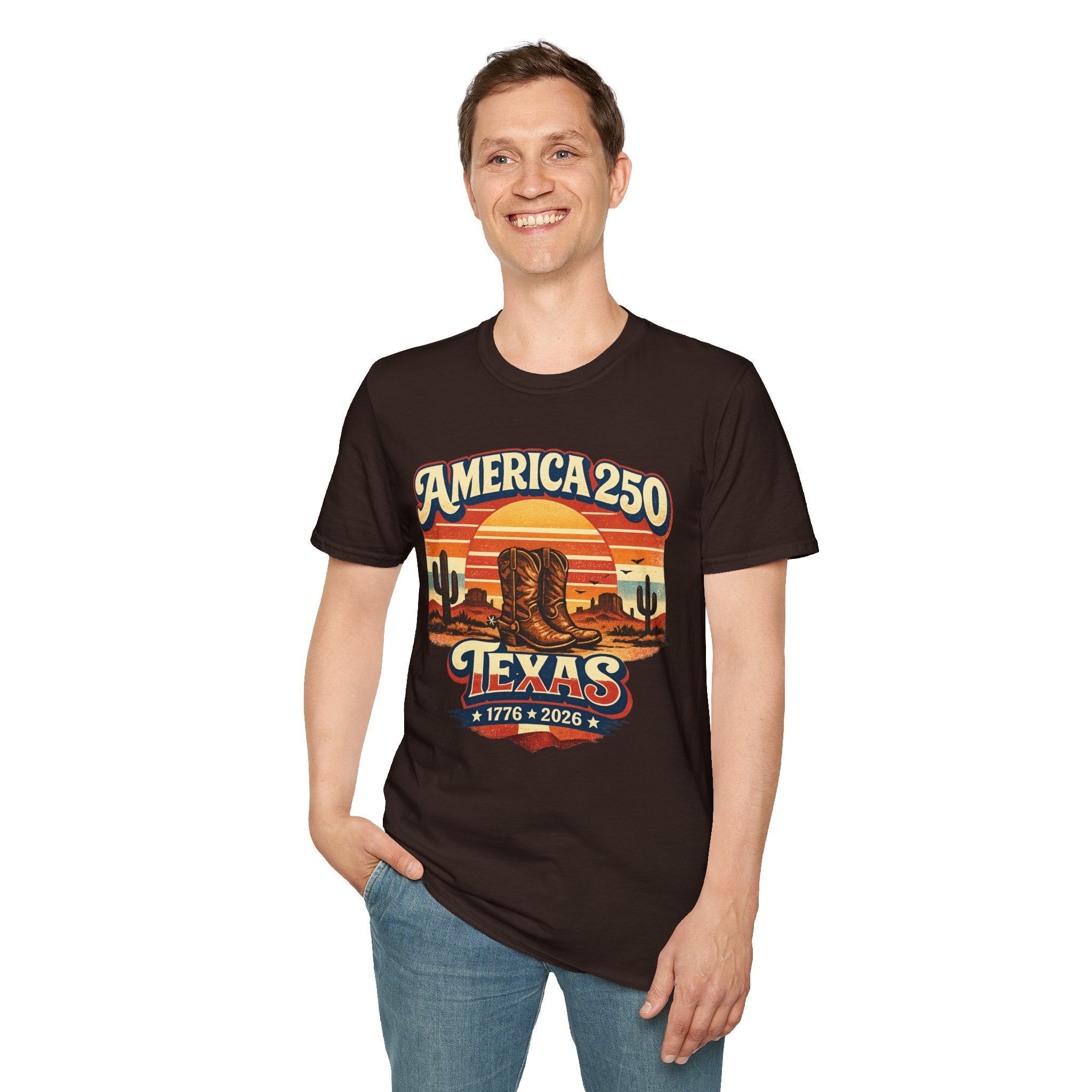 America 250 Texas T-Shirt — 1776–2026 Retro Cowboy Boots Sunset Design