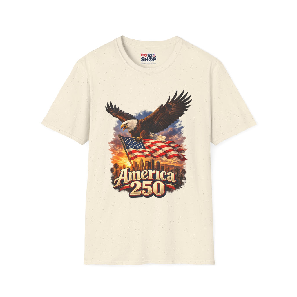 America 250 Los Angeles Eagle Flag Skyline Palms Sunset White California Tee