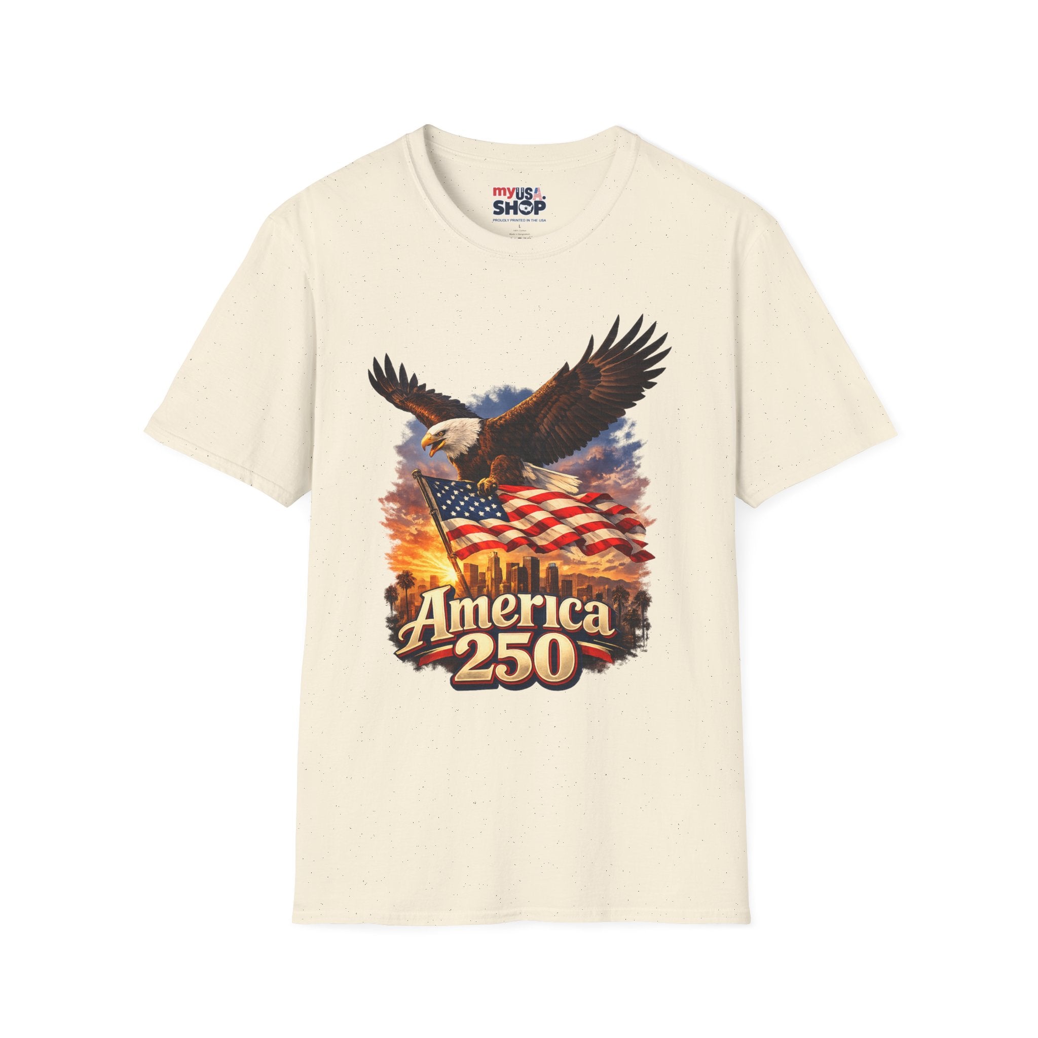 America 250 Los Angeles Eagle Flag Skyline Palms Sunset White California Tee