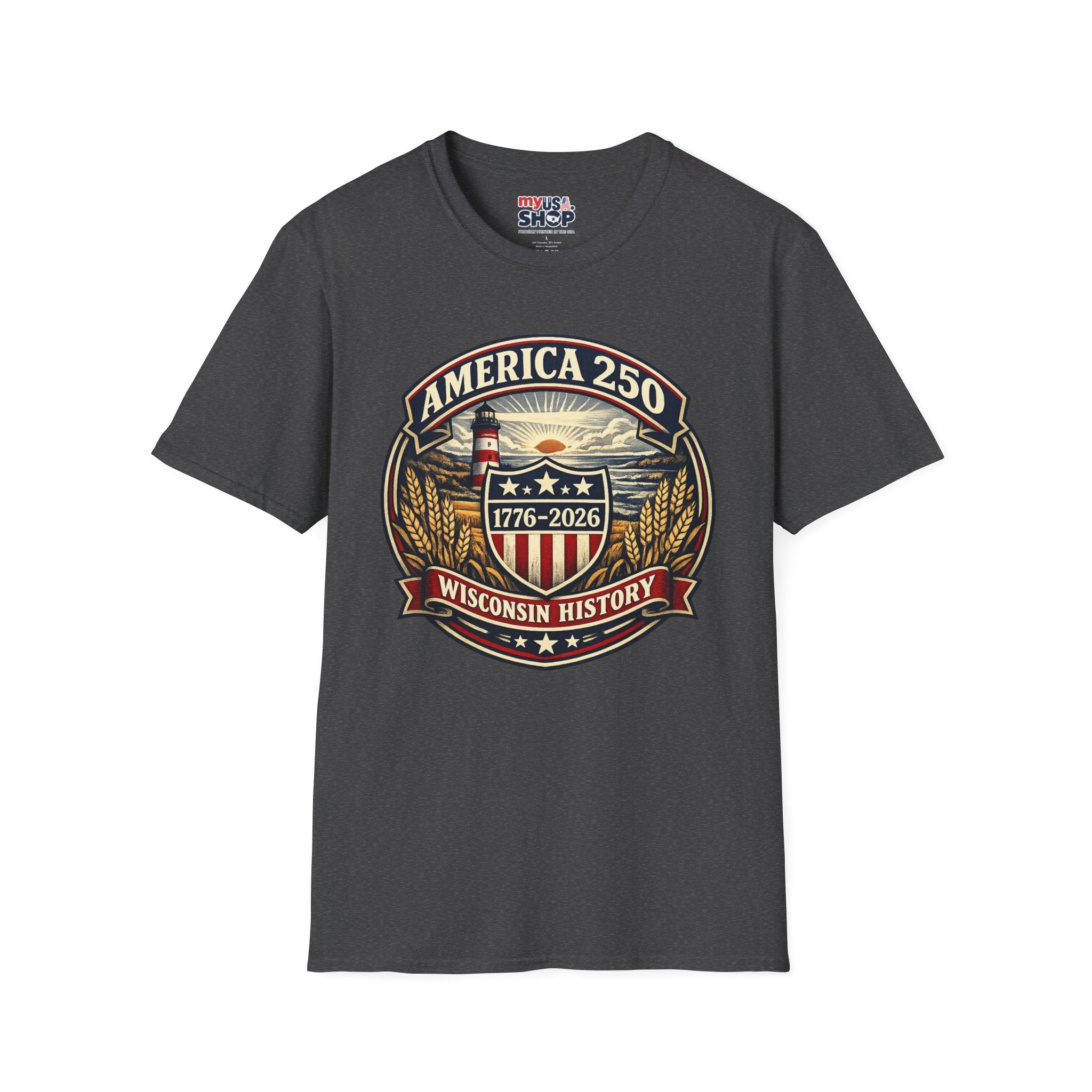 America 250 Commemorative T-Shirt – Wisconsin History Lighthouse Vintage Badge