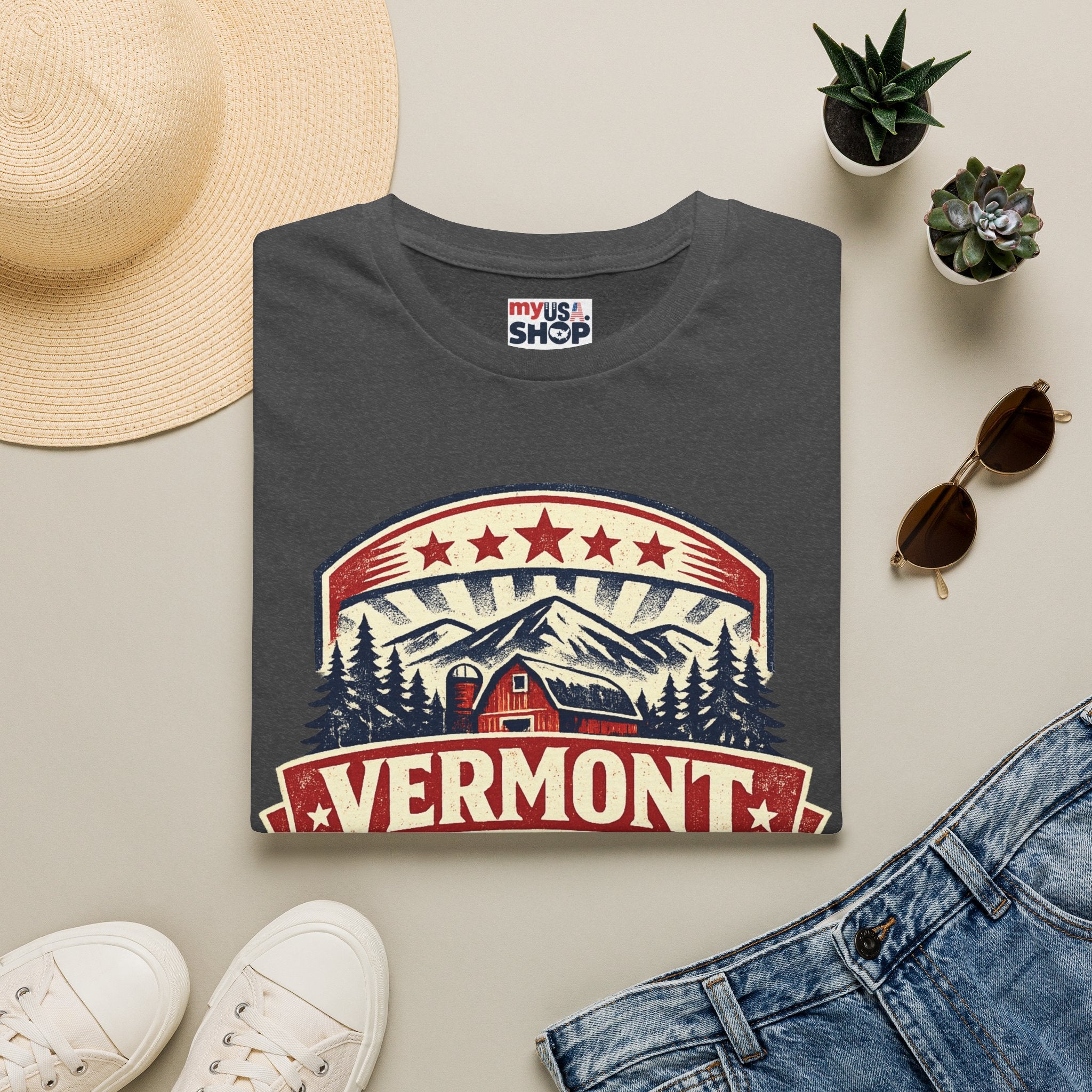 Vermont America 250 T-Shirt — Retro Mountain Cabin Design