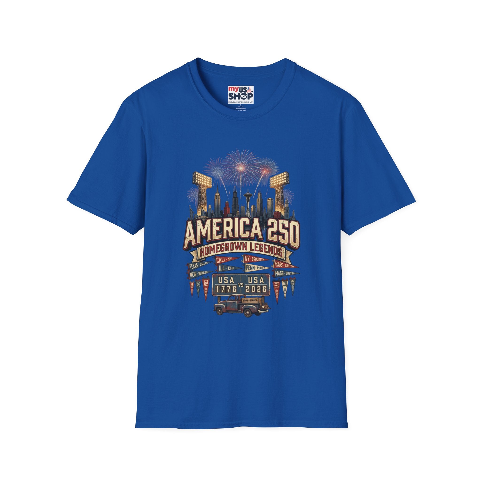 America 250 Celebration T‑Shirt — Hometown Legends Fireworks Skyline Pop Culture