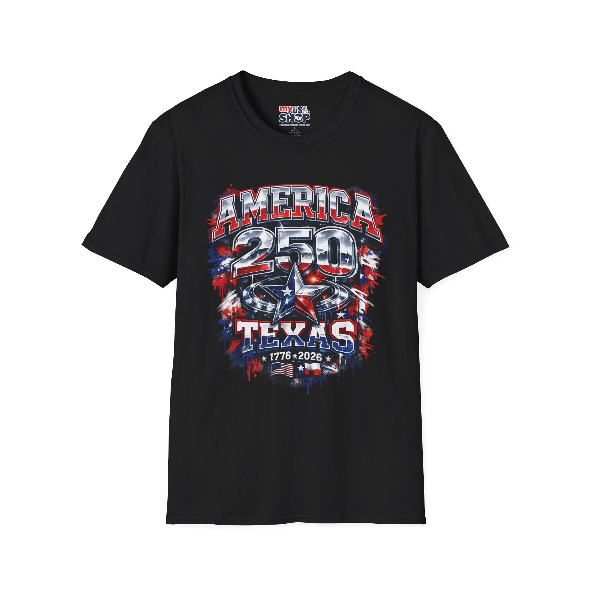 America 250 Texas Shirt — Patriotic Chrome Star Graphic Tee