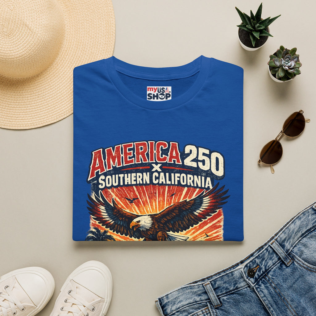 America 250 Southern California Graphic T-Shirt — Eagle, Sunset & Beach Vintage Design