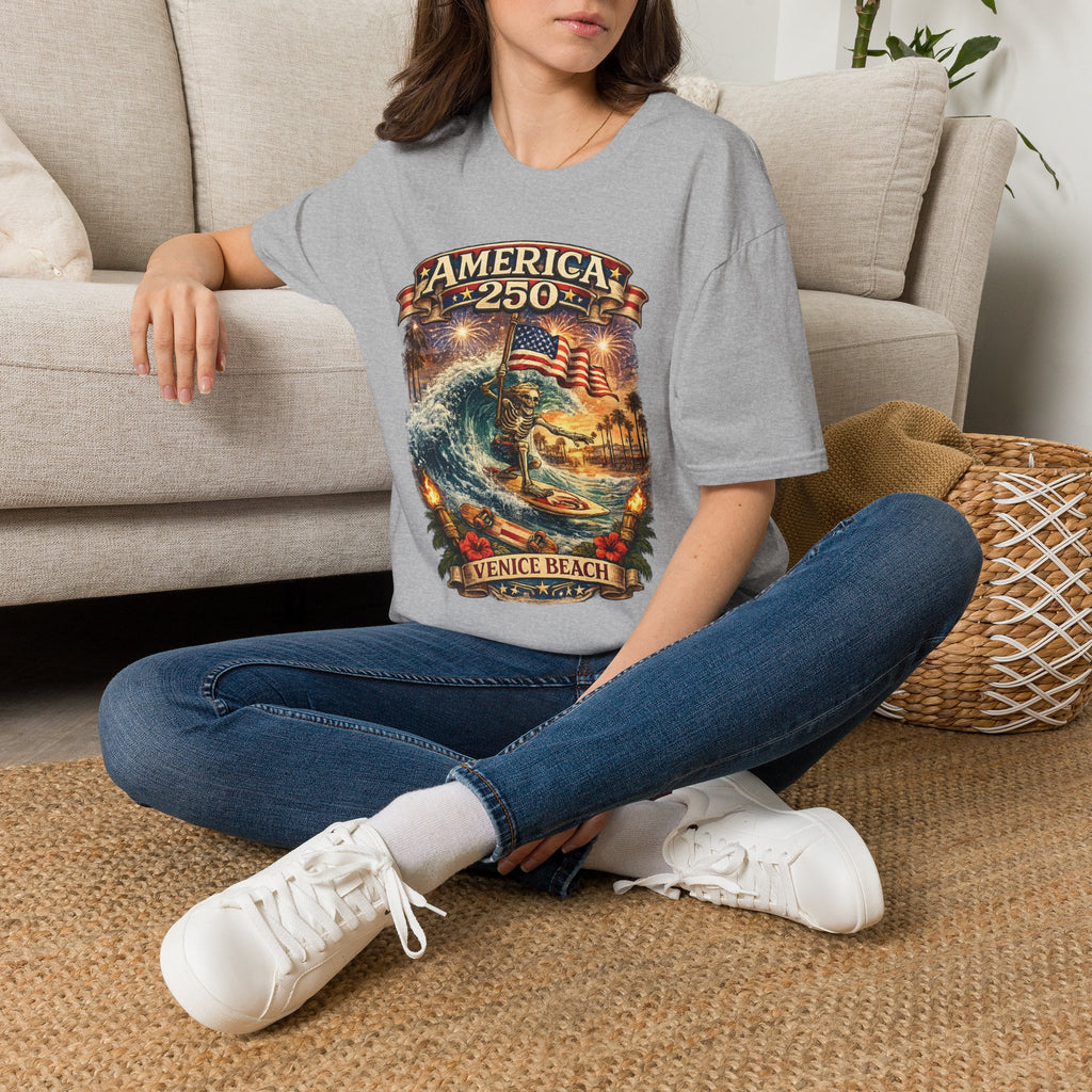 America 250 Venice Beach T-Shirt — Patriotic Vintage Surf & Fireworks Tee