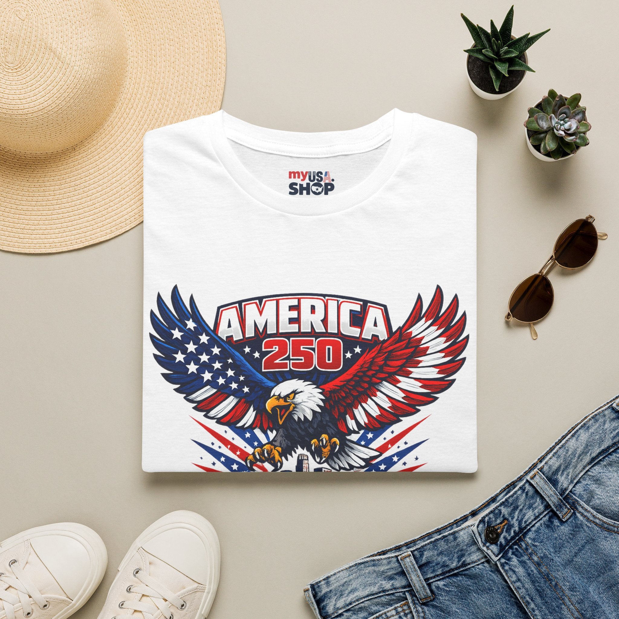 America 250 Los Angeles Skyline Patriotic Eagle California Tee