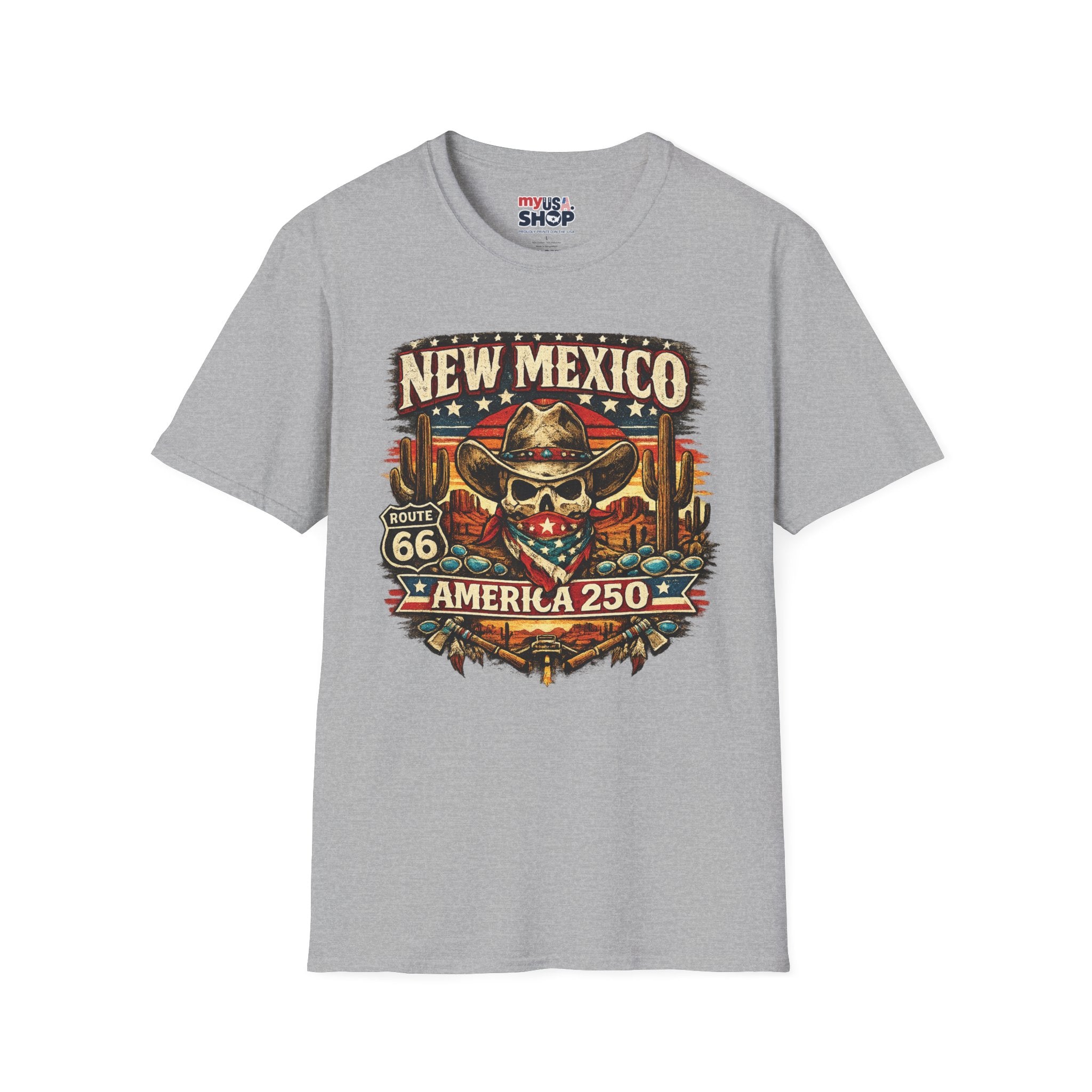 America 250 New Mexico Skull Cowboy T-Shirt — Route 66 Americana Desert Tee