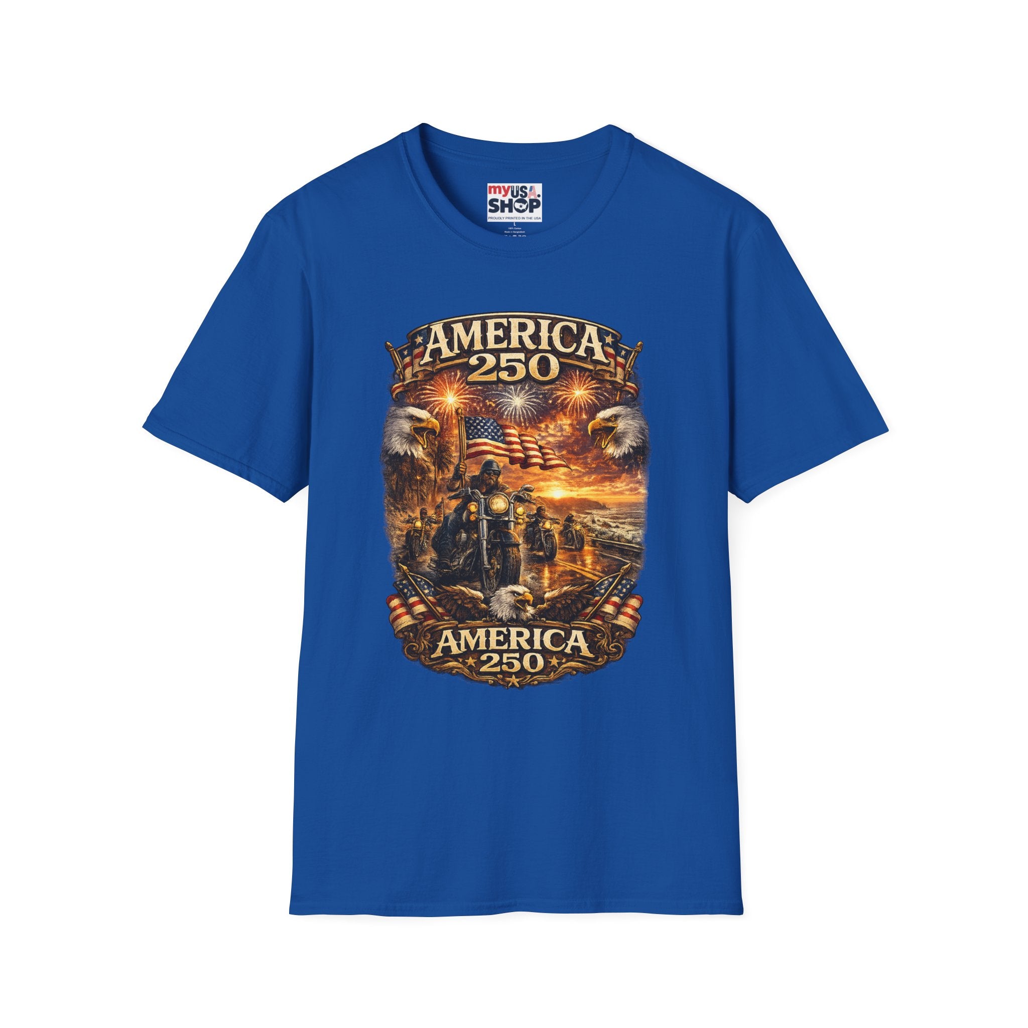 America 250 Celebration T-Shirt — Patriotic Fireworks & Bald Eagle Tee