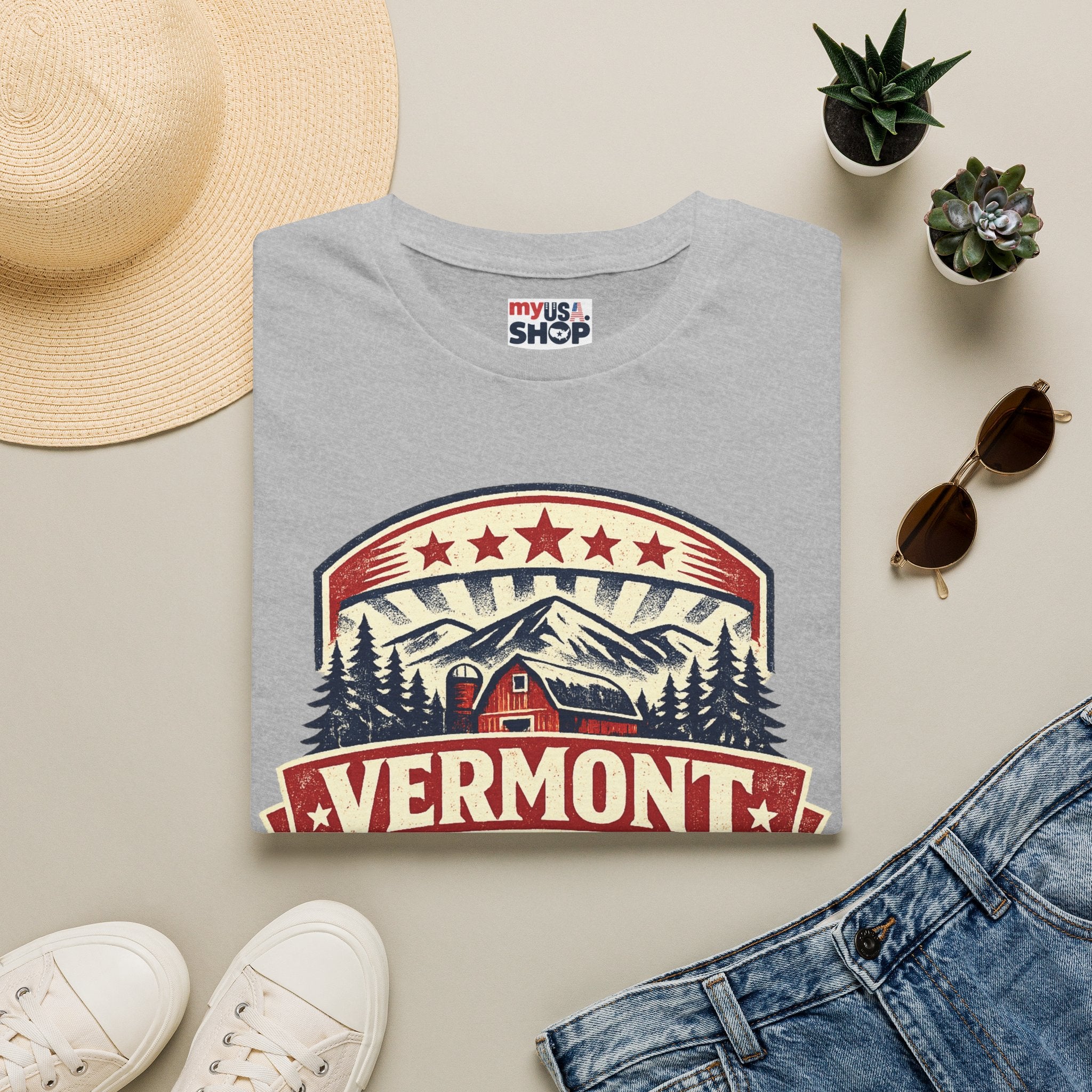 Vermont America 250 T-Shirt — Retro Mountain Cabin Design