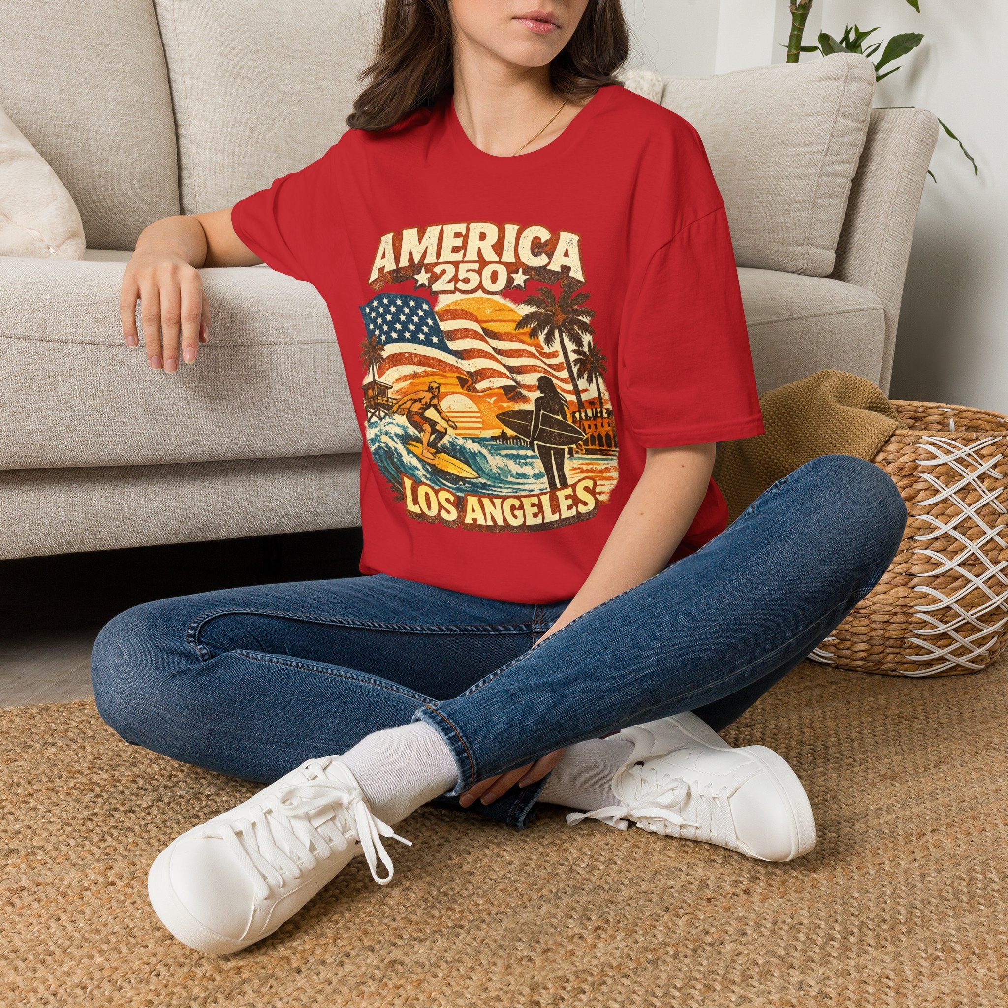 America 250 Los Angeles Surfers Beach Flag Palm Trees Sunset Retro California Tee