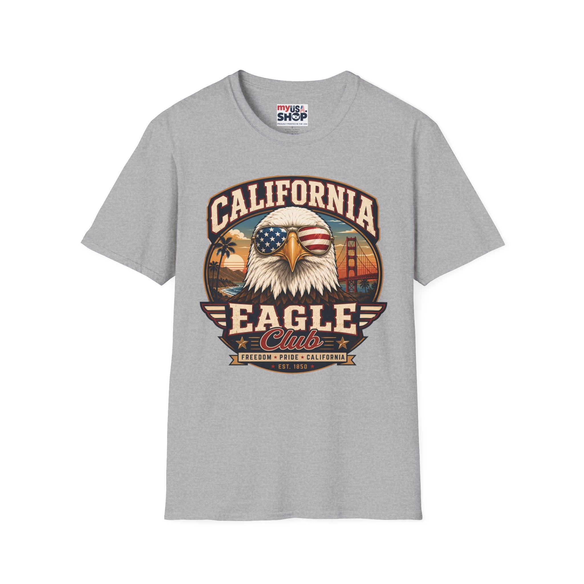 America 250 California Eagle Club T-Shirt — Patriotic Vintage Bald Eagle & Golden Gate Tee