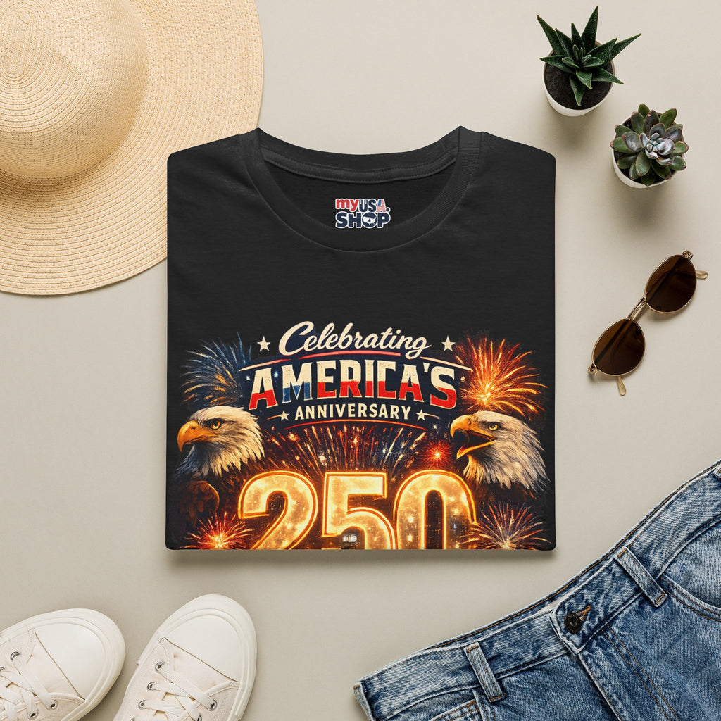America 250 Los Angeles Celebrating Americas Anniversary Dual Eagle Skyline Fireworks California Tee