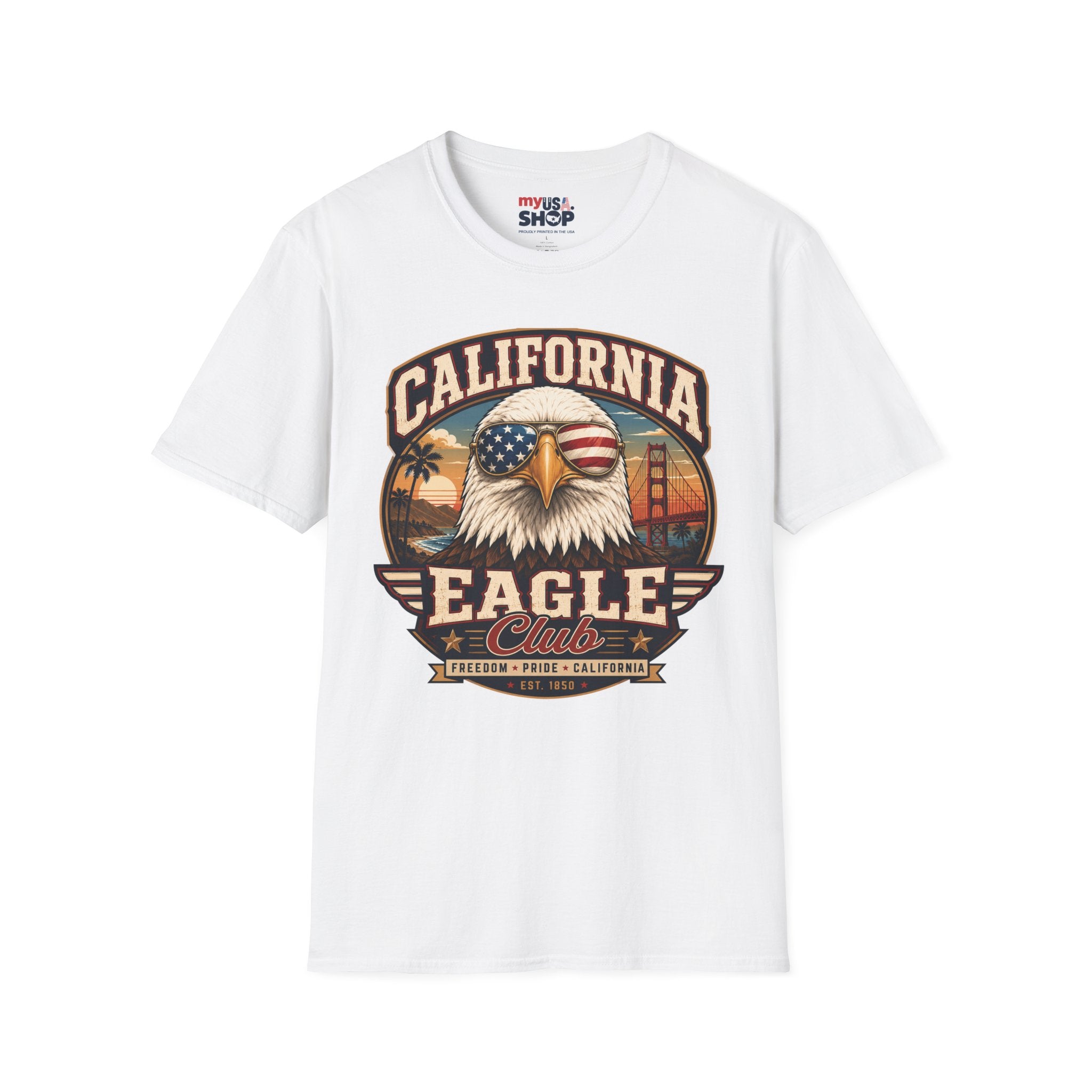 America 250 California Eagle Club T-Shirt — Patriotic Vintage Bald Eagle & Golden Gate Tee