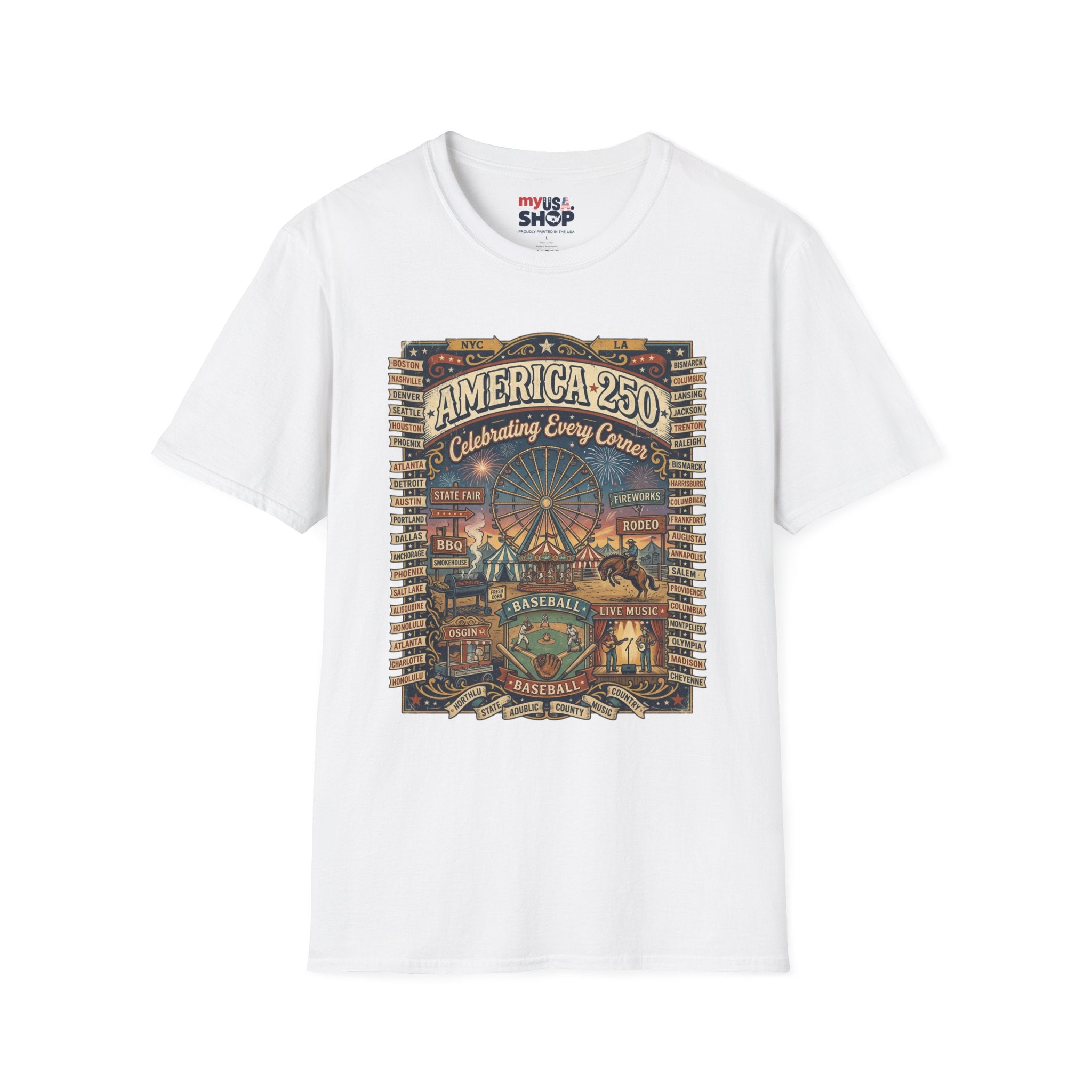 America 250 Celebration T-Shirt — Vintage Fair Ferris Wheel Patriotic Tee Pop Culture