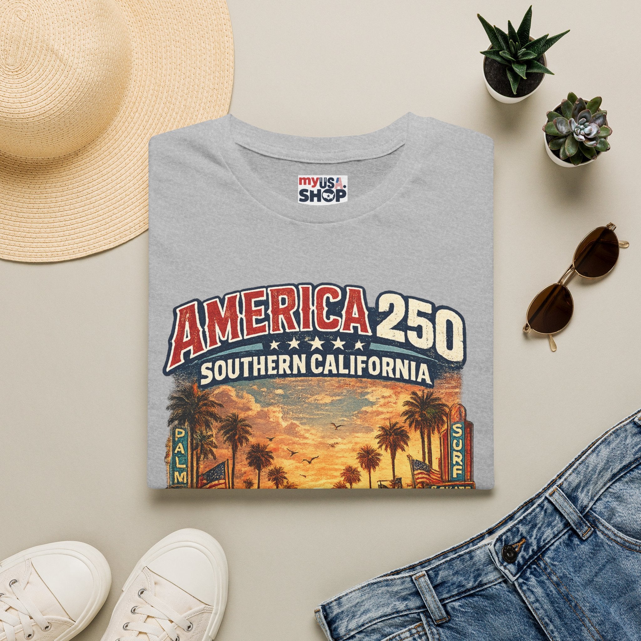 America 250 Southern California Sunset T‑Shirt — Retro Route 66 Palm Tree Tee