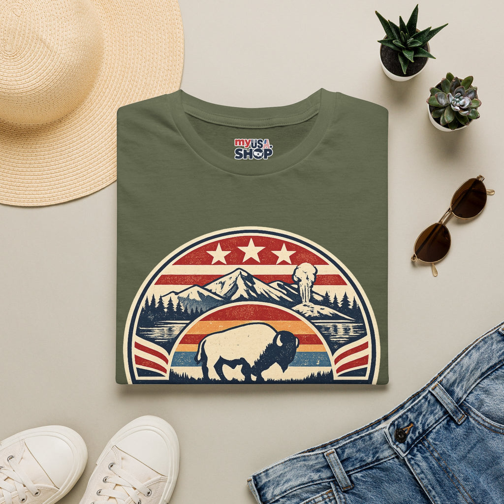 Wyoming Buffalo Tee — America 250 Retro Mountain Graphic T-Shirt
