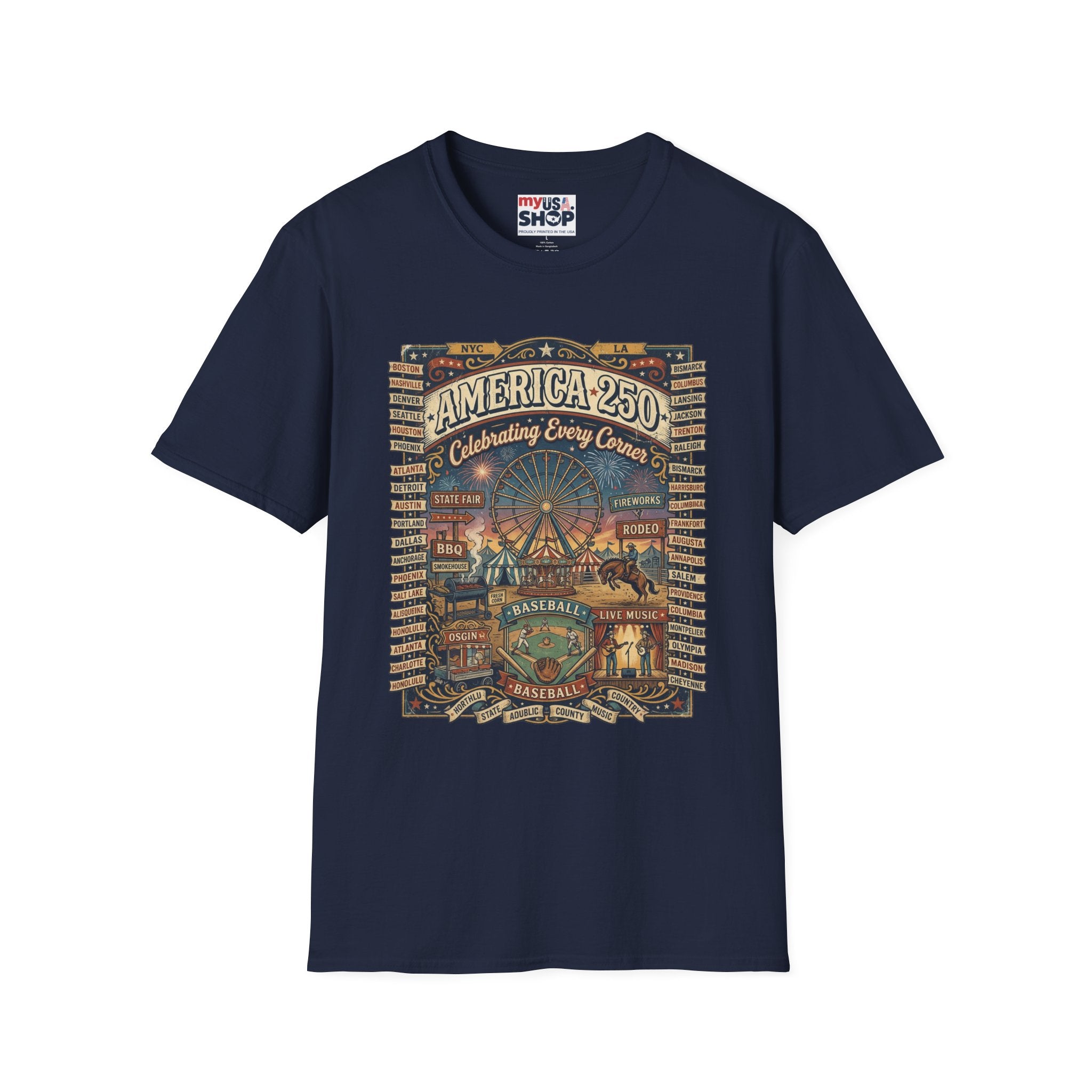 America 250 Celebration T-Shirt — Vintage Fair Ferris Wheel Patriotic Tee Pop Culture
