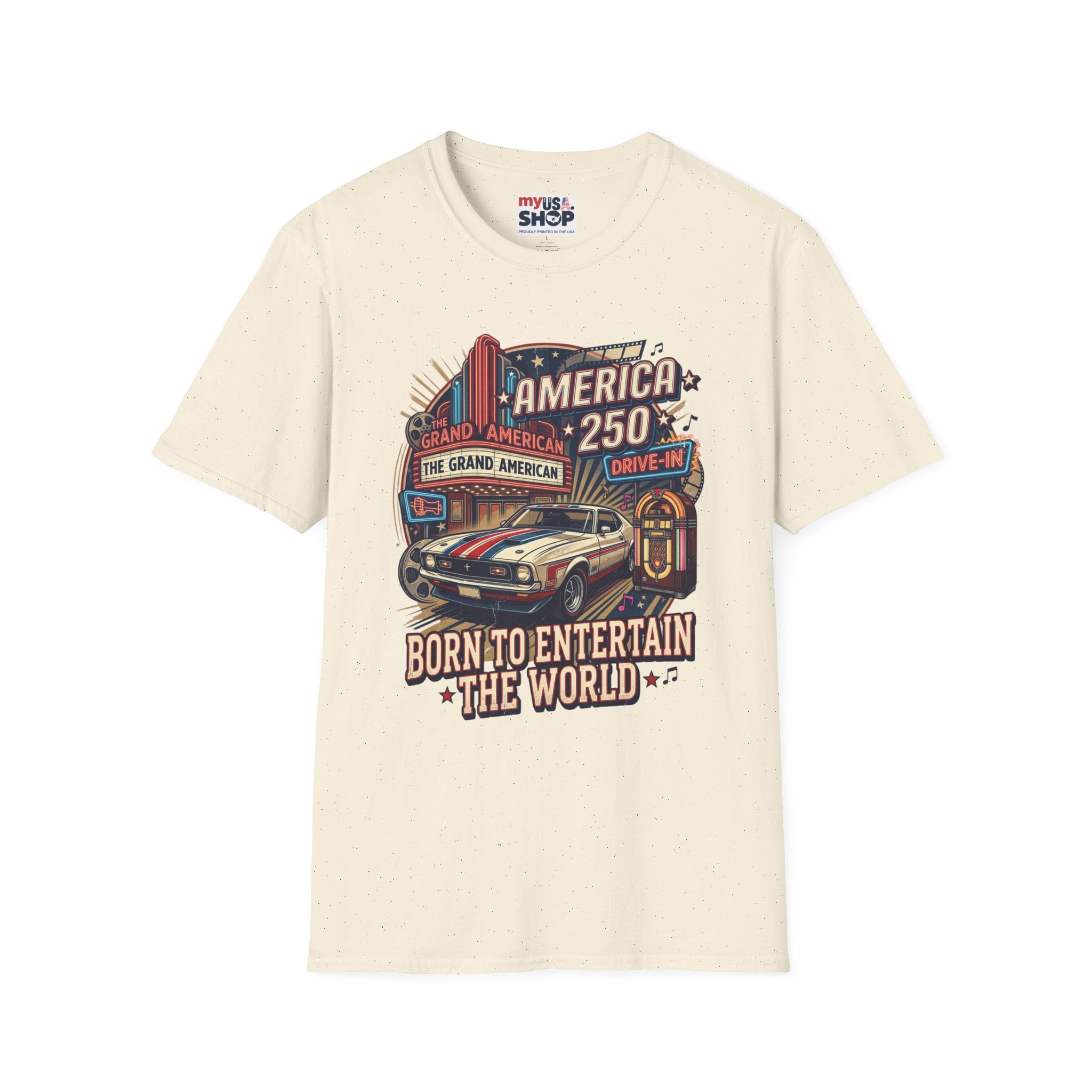 America 250 Vintage Drive-In Car T-Shirt — "Born to Entertain the World" Pop Culture