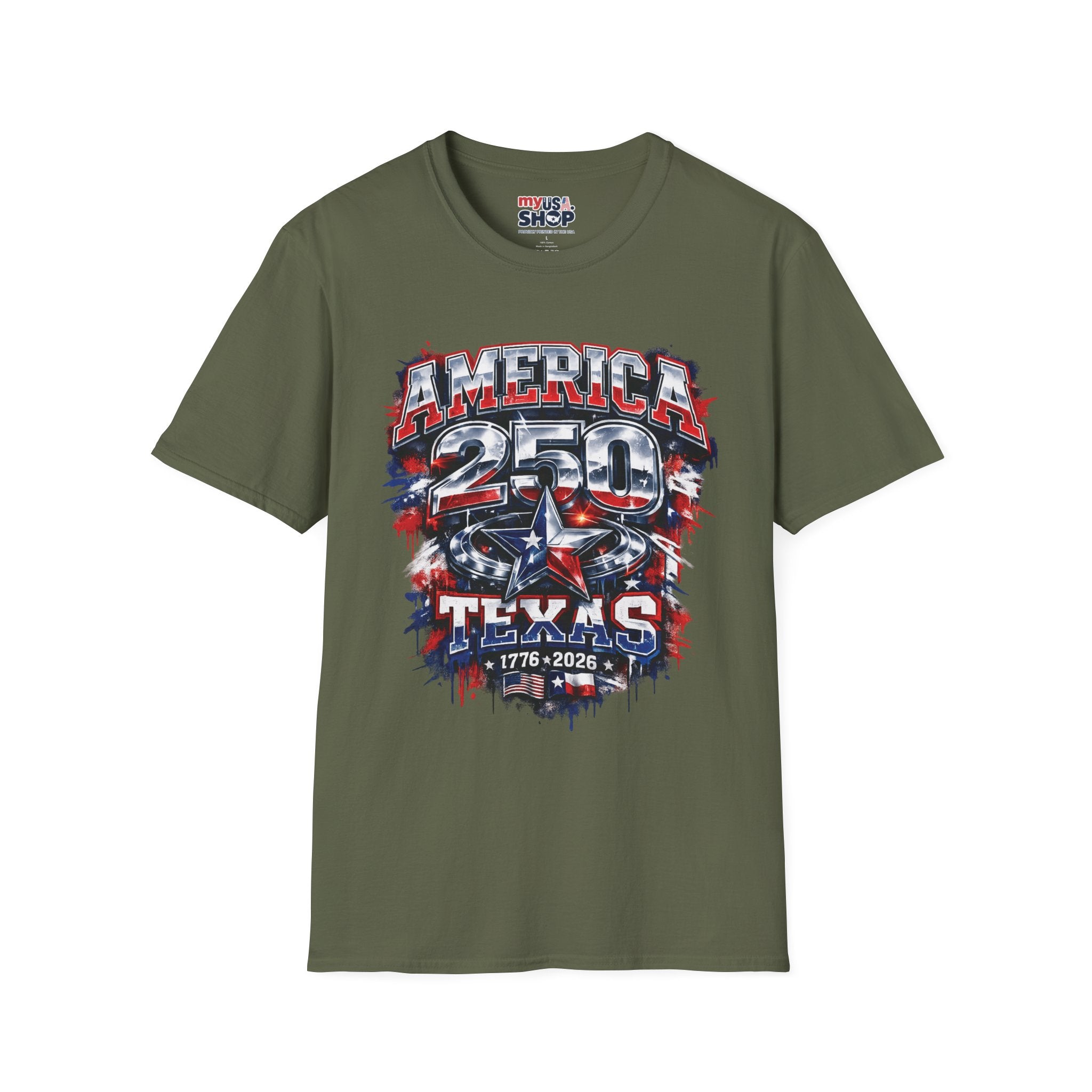 America 250 Texas Shirt — Patriotic Chrome Star Graphic Tee