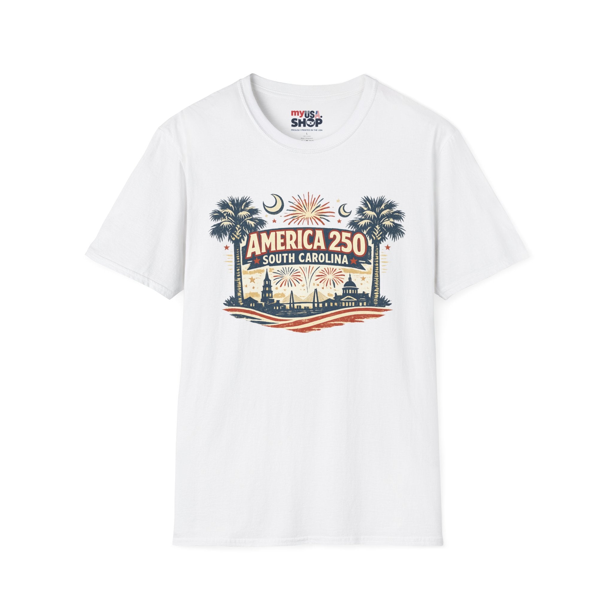 America 250 South Carolina T‑Shirt — Patriotic 250th Anniversary Tee with Palms & Fireworks
