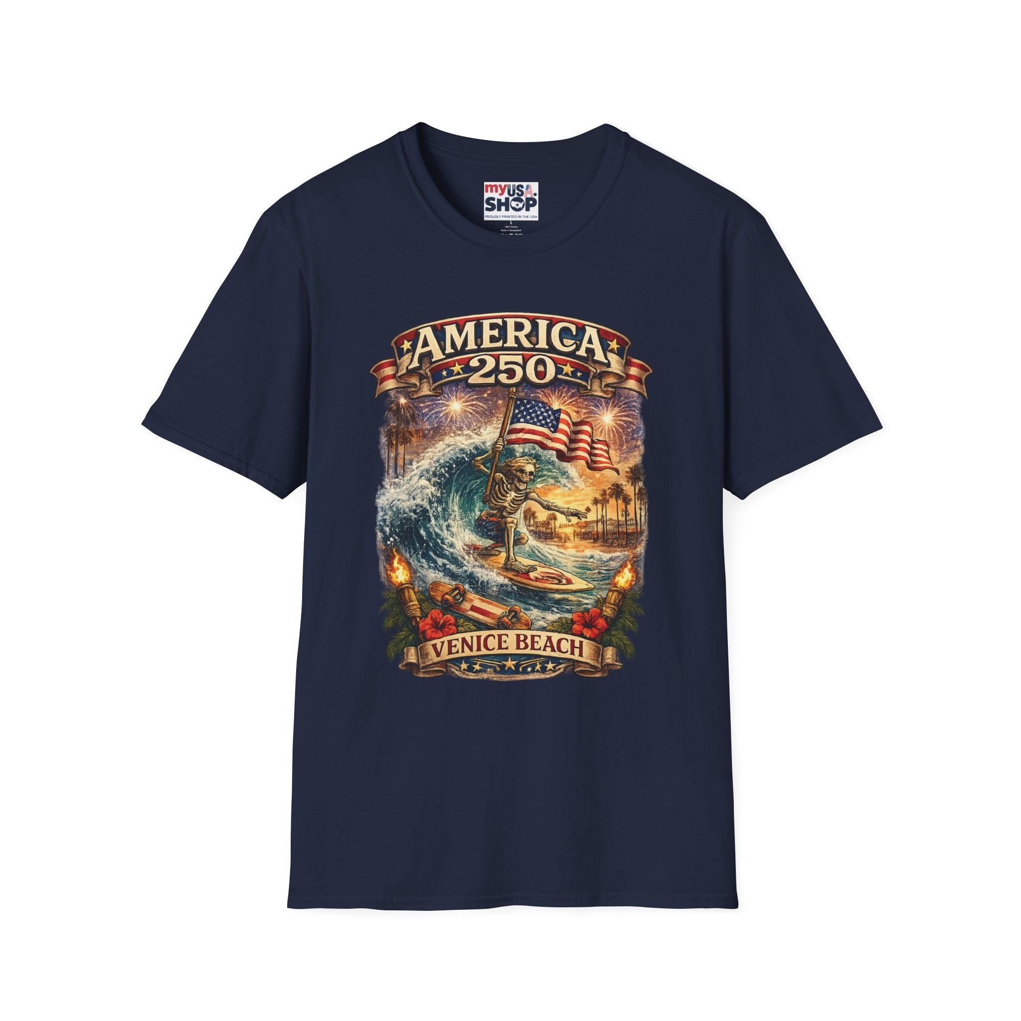 America 250 Venice Beach T-Shirt — Patriotic Vintage Surf & Fireworks Tee