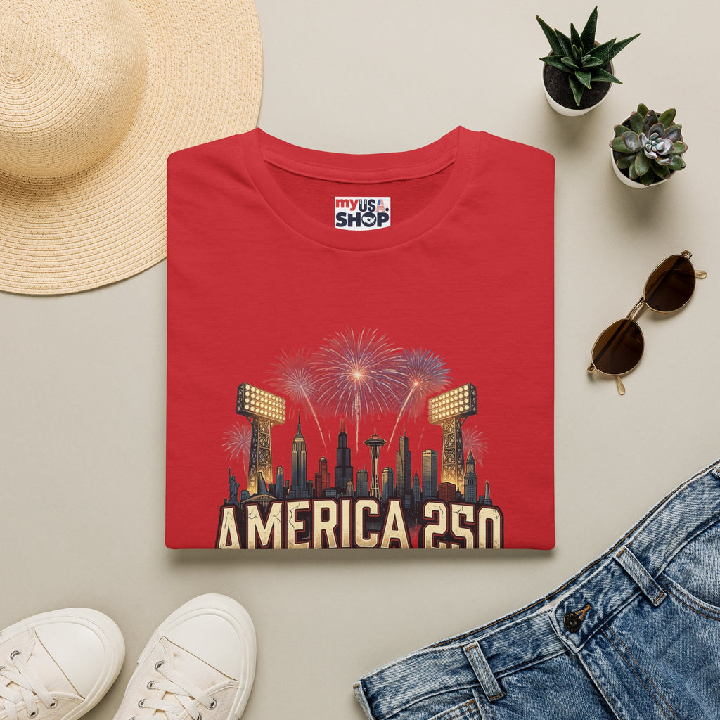 America 250 Celebration T‑Shirt — Hometown Legends Fireworks Skyline Pop Culture