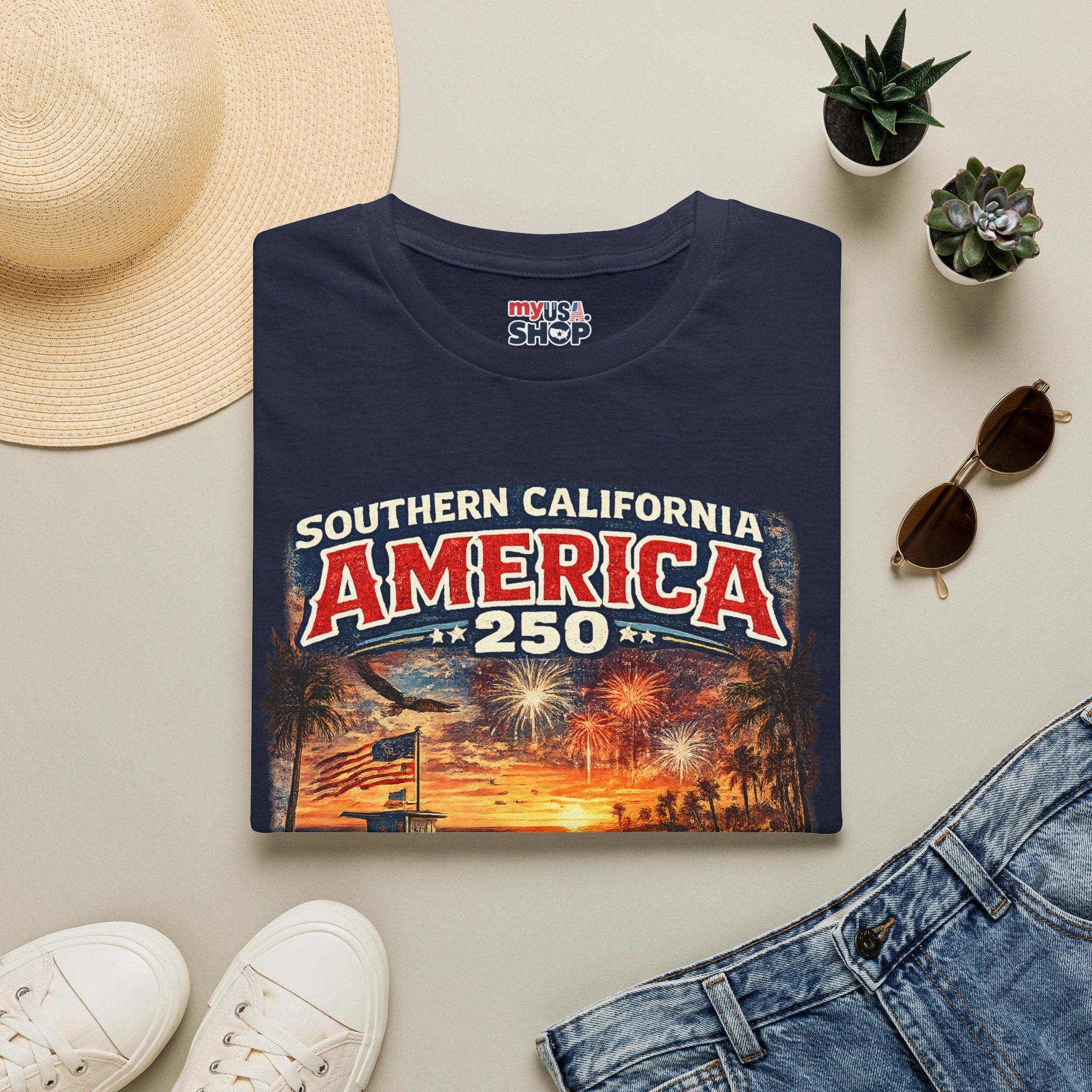 America 250 Southern California Sunset T-Shirt — Patriotic 4th of July Beach Vintage Tee
