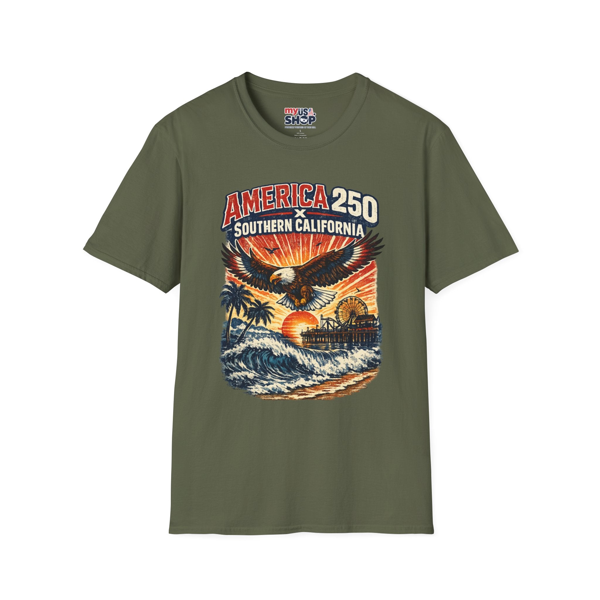 America 250 Southern California Graphic T-Shirt — Eagle, Sunset & Beach Vintage Design