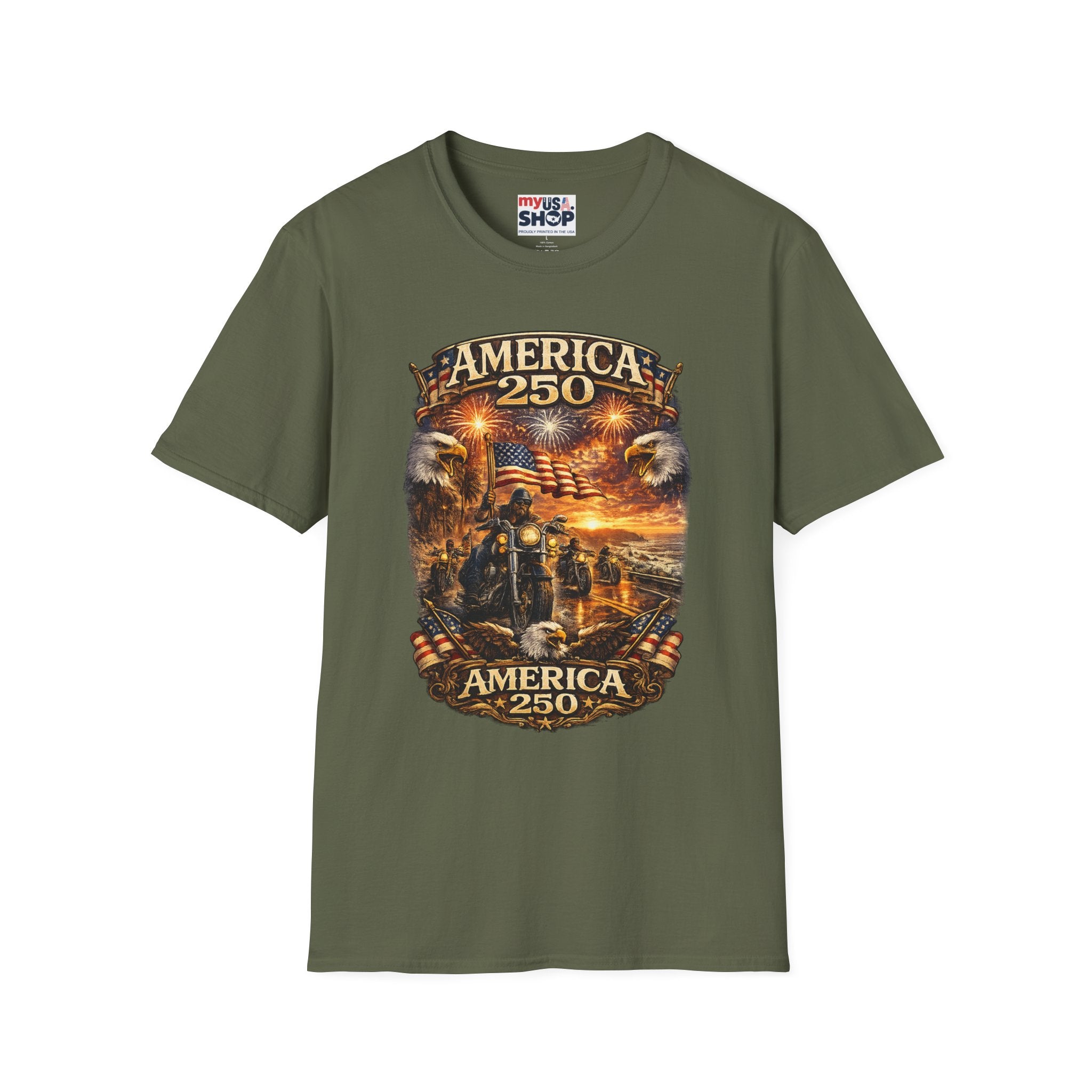 America 250 Celebration T-Shirt — Patriotic Fireworks & Bald Eagle Tee