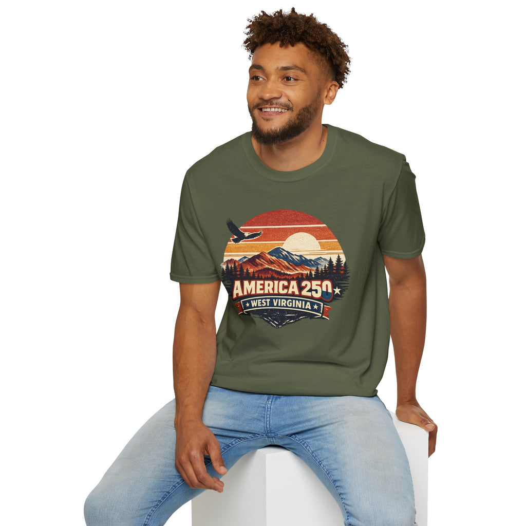 America 250 Retro Sunrise T-Shirt — West Virginia Scenic Eagle Design