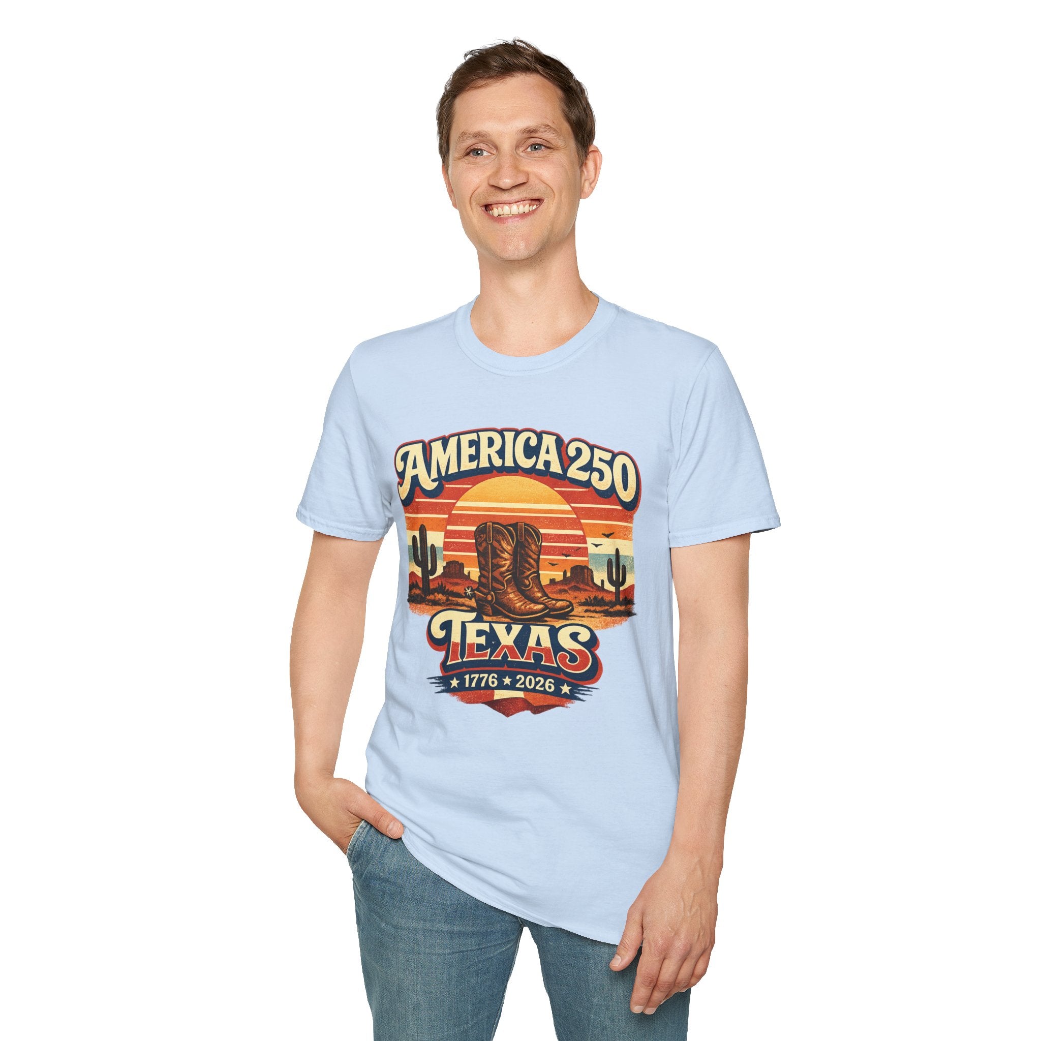 America 250 Texas T-Shirt — 1776–2026 Retro Cowboy Boots Sunset Design
