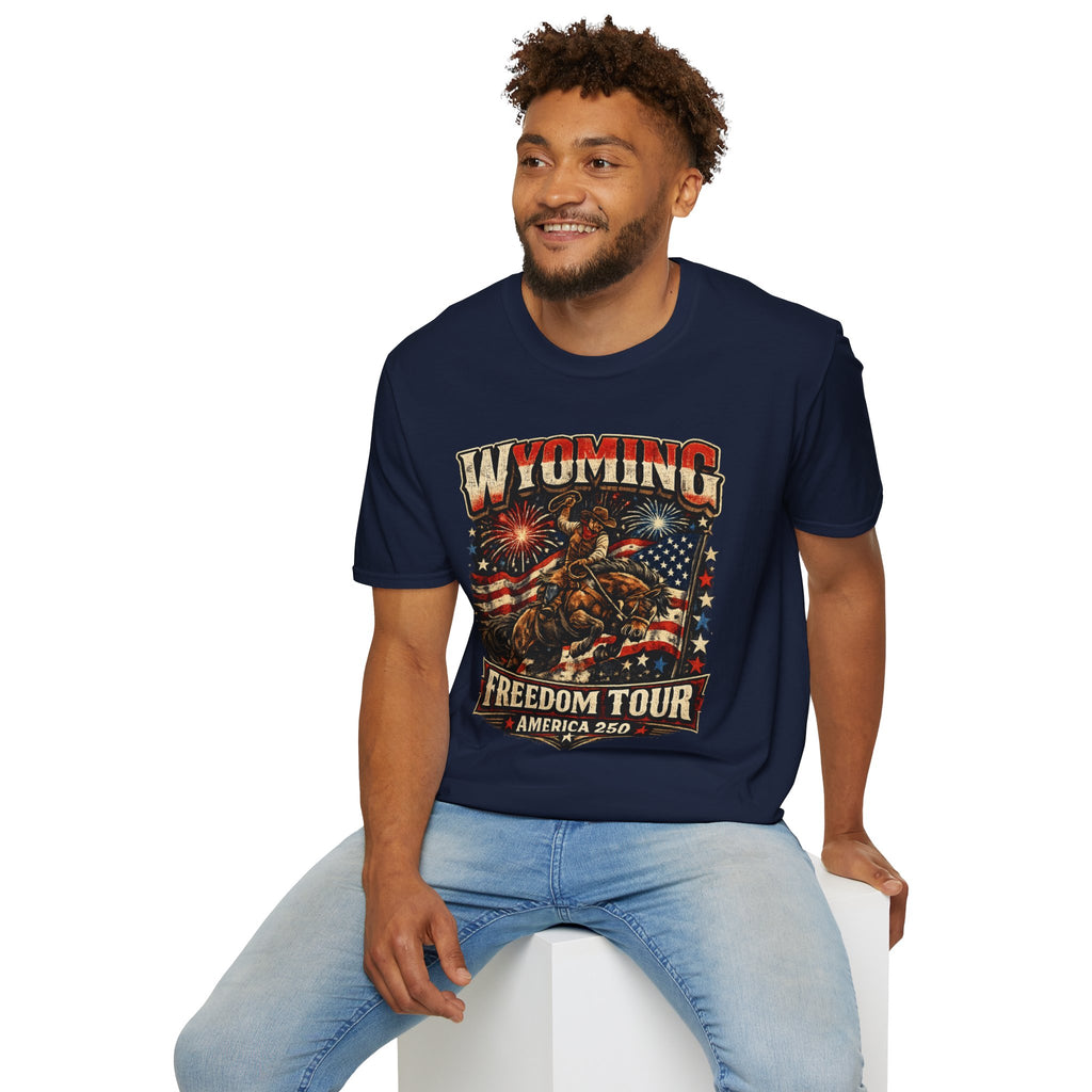 America 250 Freedom Tour T-Shirt — Wyoming Patriotic Rodeo USA Graphic Tee