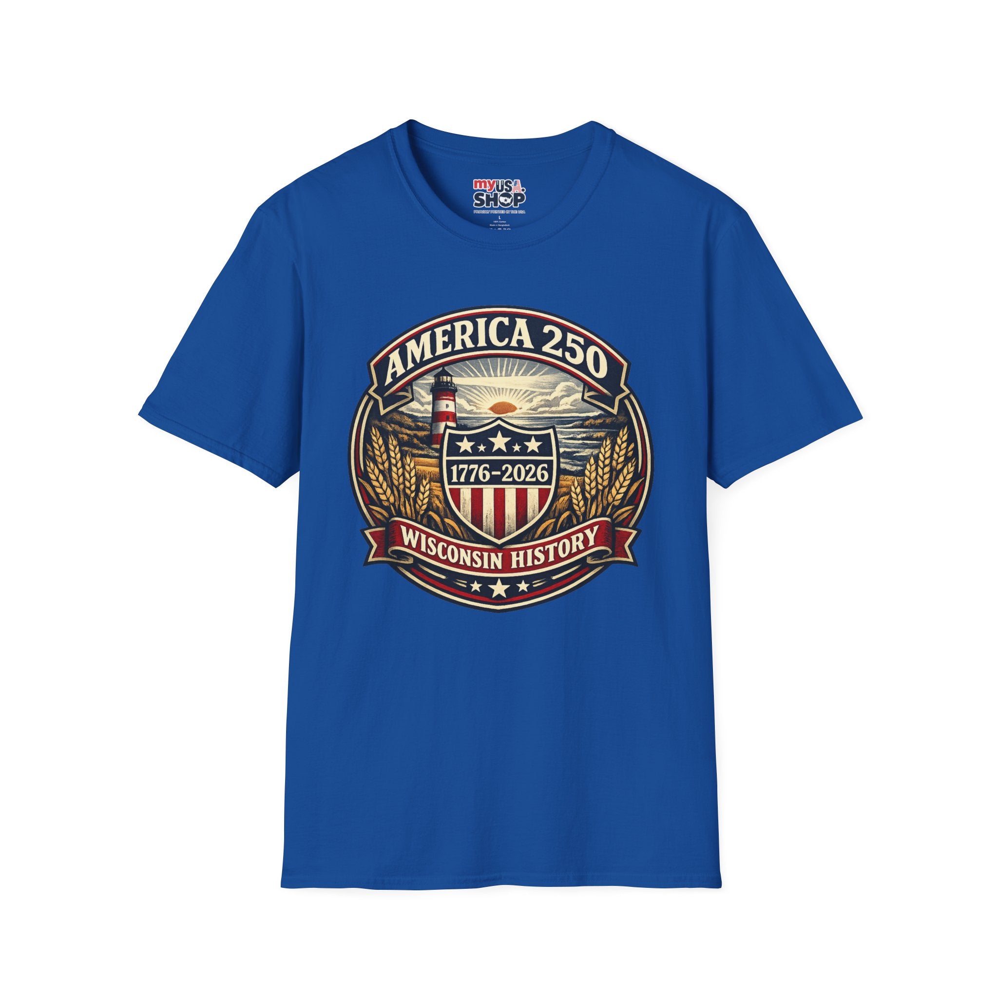 America 250 Commemorative T-Shirt – Wisconsin History Lighthouse Vintage Badge