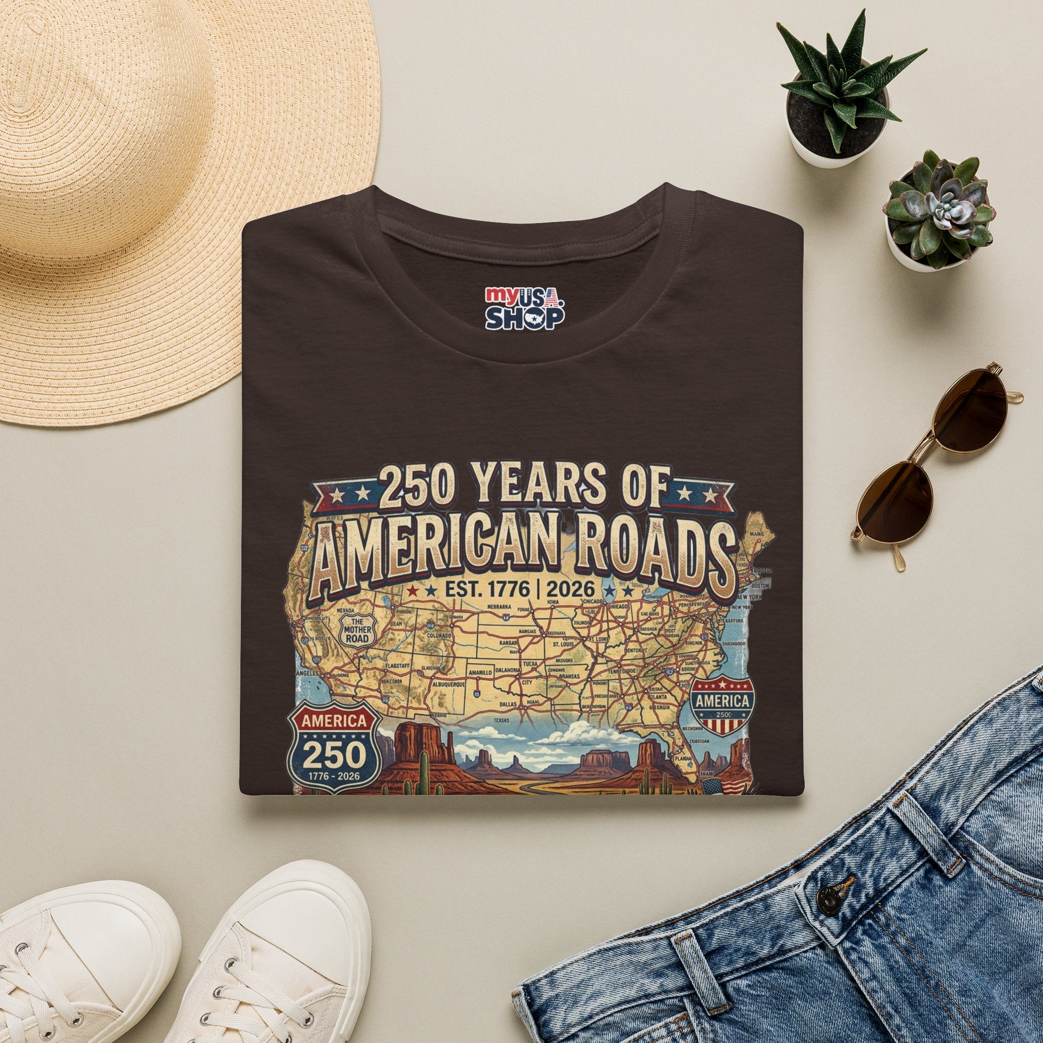 250 Years of American Roads T‑Shirt — Vintage USA Roadmap & Route 66 Travel Tee America 250 Pop Culture