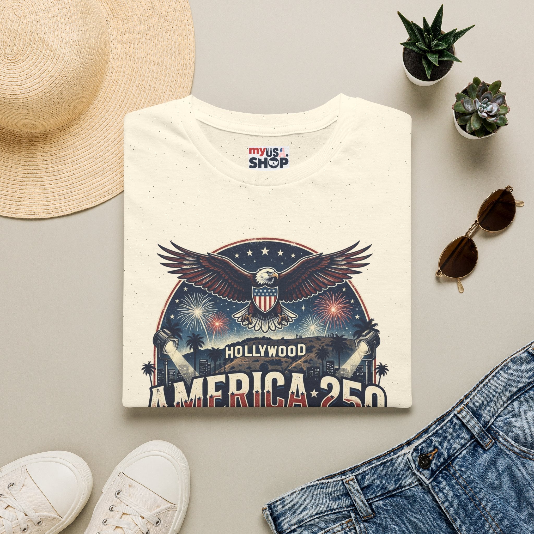 America 250 Graphic T-Shirt — Hollywood Stars & Stripes Eagle Design