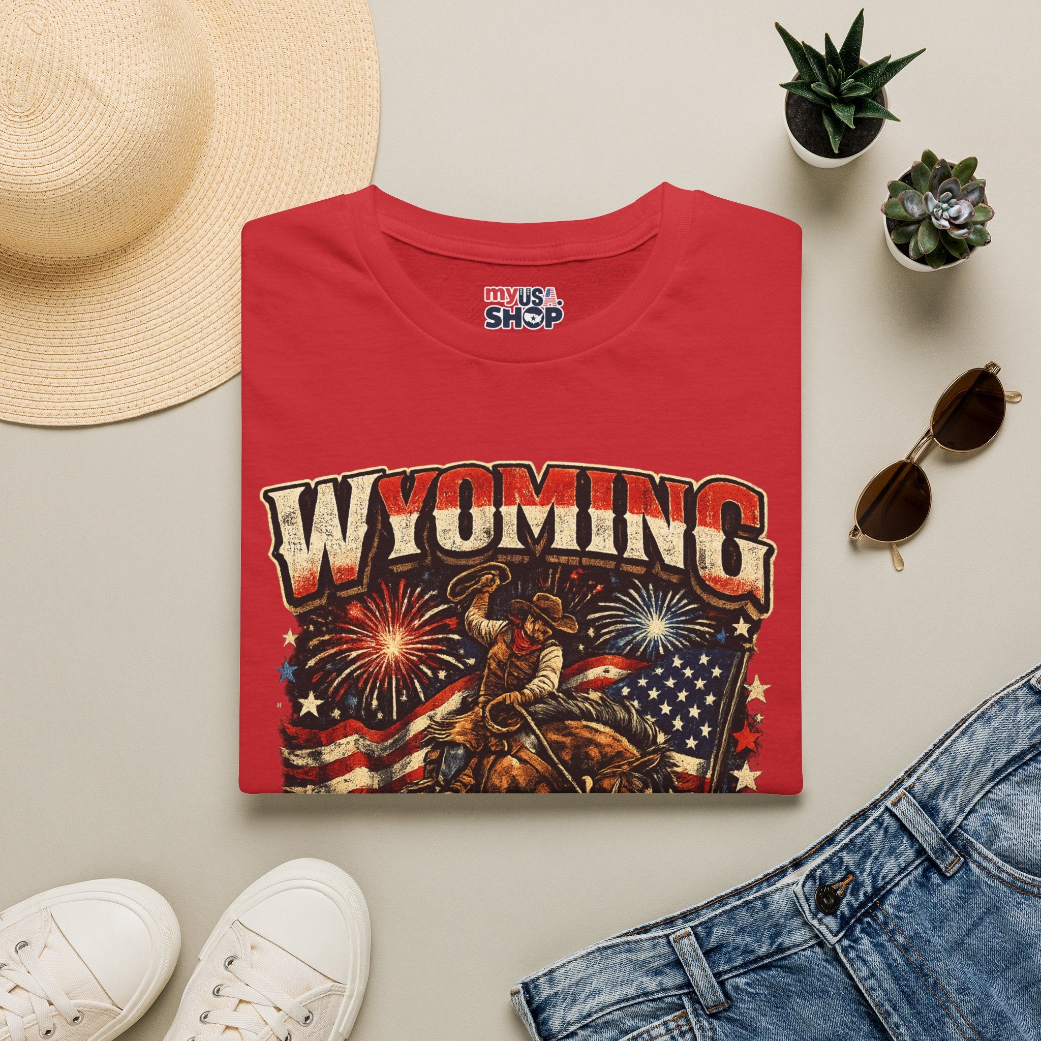 America 250 Freedom Tour T-Shirt — Wyoming Patriotic Rodeo USA Graphic Tee