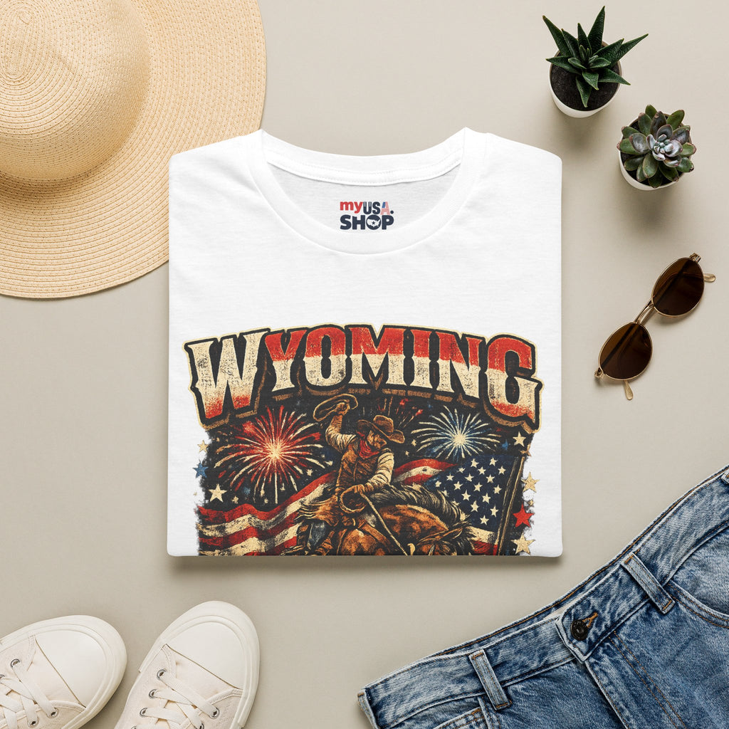 America 250 Freedom Tour T-Shirt — Wyoming Patriotic Rodeo USA Graphic Tee