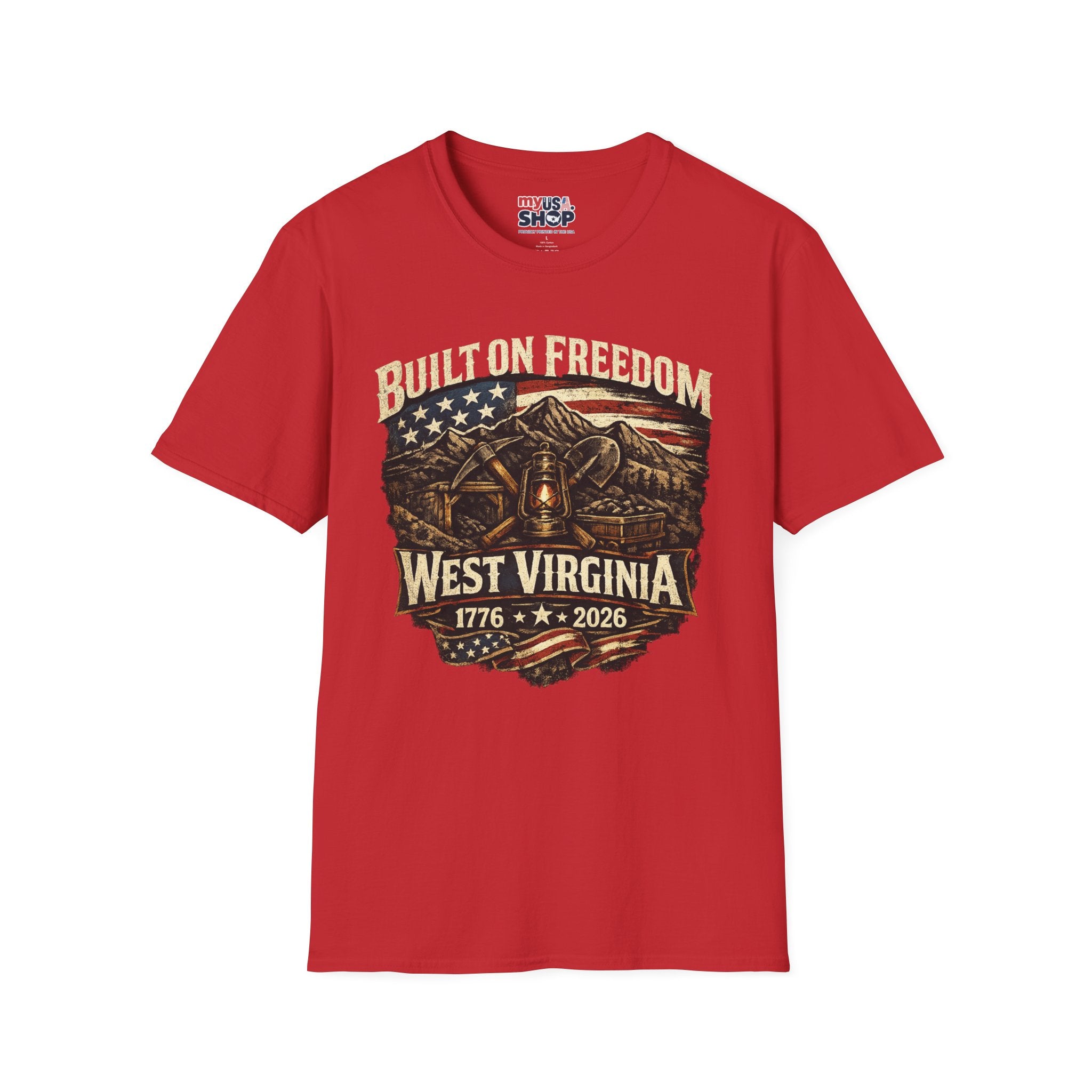America 250 T-Shirt — Built on Freedom West Virginia Vintage Flag Mountain