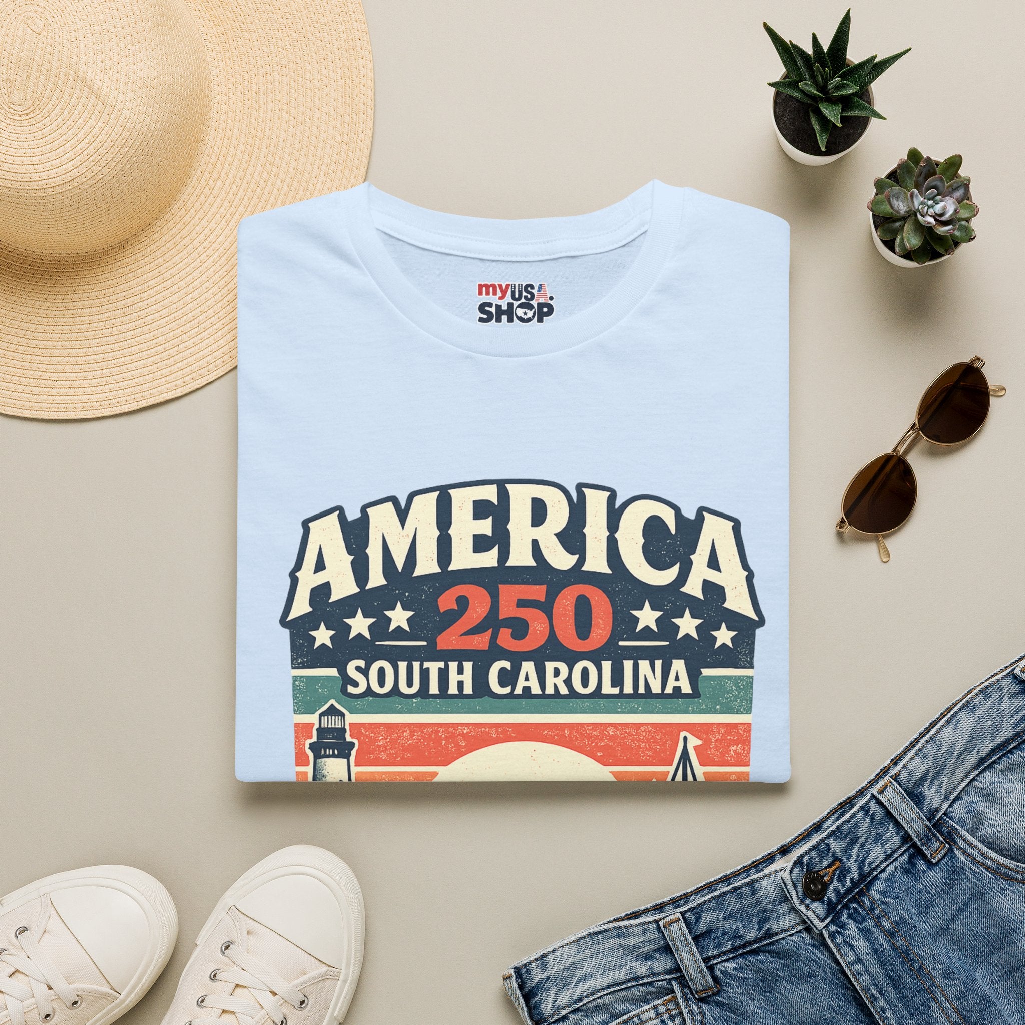 America 250 South Carolina T-Shirt – Retro Sunset Sailing Patriotic Tee